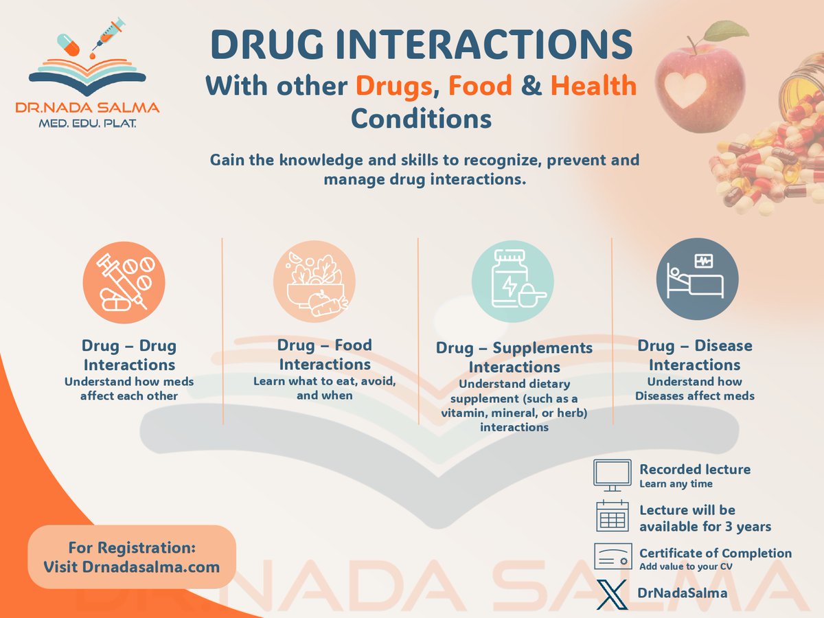 drNadaSalma's tweet photo. Registration has opened Finally✅💊💉
🧡📛🧡
DRUG INTERACTIONS With other Drugs, Food &amp; Health Conditions
🧡📛🧡
🎁Only First 1000 seats are free
For Registration, Apply these 2 steps
1⃣Register in 
https://t.co/EDgJoJeNm1
2⃣
Send word (Interaction) to 0556000986 https://t.co/FeiGXp8YKE