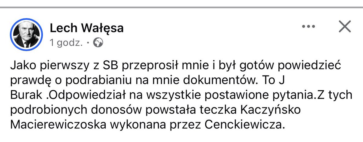 Cenckiewicz's tweet photo. To było tak: 

- zdobyłem papier wyprodukowany najdalej w 1970, 

- zeszyty w kratkę na których Wałęsa pisał donosy, 

- druki ulotne które dołączał do donosów - powieliłem w ośrodku Karta, 

- rękopisy kolegów Wałęsy ze stoczni - było ciężko - ale znałem kilku to podpisali mi się w 1999 r. 

- potem na allegro kupiłem pieczęcie kilku jednostek SB którymi opatrywano pisemne wykwity Wałęsy i pokwitowania odbioru pieniędzy, 

- nauczyłem się pisma kilkunastu funkcjonariuszy SB, którzy opatrywali donosy Wałęsy swymi dopiskami (https://t.co/VkMGPBY7ir. Graczyka, Łapczyńskiego, Ratkiewicza, Wojtalika, Lubińskiego, Stachowiaka, Madziara….) 

- w ewidencji operacyjnej z 29 grudnia 1970 zostawiłem wolne miejsce bym po 40 latach mógł tam wpisać nazwisko Wałęsy - zrobiłem to w ewidencji Biura C MSW i Wydziału C WUSW w Gdańsku, 

- potem przepisywałem na maszynie część z tych donosów i w sprawach operacyjnych o krypt. Arka, Jesień 70, Mechbud, Ogień… włożyłem donosy Wałęsy i jego charakterystyki - to zrobiłem w czasach UOP w Gdańsku (bałem się że mnie zdekonspiruje syn Wałęsy - Bogdan, funkcjonariusz UOP). Ale nic z tego! 

- w kilkudziesięciu tomach akt pozmieniałem numerację stron tak by włożone nam dokumenty miały odpowiedni numer - ciężko było zamazać starą paginę - przyznaję,

- w 1982 r. wyjąłem z teczki pracy Bolka donos Wałęsy ze stycznia 1971 r. i wysłałem oryginał do Komitetu Noblowskiego,

- potem mojego współpracownika - Eligiusza Nasiłowskiego, zamiast do Mongolii to wysłałem do USA by powiedział Reaganowi prawdę! Do dziś tam jest! Przepadł! 

- potem - to było cholernie trudne, ale się udało - na teczkę personalną i pracy tw ps. Bolek naniosłem różne rodzaje grzybów tak by powstała reakcja chemiczna z papierem na których Wałęsa pisał donosy - też z sukcesem bo ekspertyza mikrobiologiczna jakiej poddano akta Wałęsy w 2016 r. wykazała konkretne rodzaje grzybów, warunki zawilgocenia w jakich trzymano przez dziesiątki lat akta Wałęsy a pośrednio datacje wytworzenia dokumentów. To mój największy sukces - oszukałem biologię! 

- w sierpniu 2000 r. miałem zaledwie 29 lat, ale ustawiłem tak skład sądu lustracyjnego by uznali, że Wałęsa nie był Bolkiem a nawet - to pomysł sędziego Kapińskiego - że Bolek nigdy nie istniał! Koronkowa operacja! 

Zrobiłem jeszcze wiele innych kombinacji, chociaż przyszedłem na ten świat 20 lipca 1971 r….  ale od razu - jeszcze w szpitalu położniczym w Gdyni Redłowie - ruszyłem do ciężkiej pracy nad tymi fałszerstwami dot. Wałęsy! 

Udało się! Resztę opowiem w prokuraturze @w_zurek który tydzień temu przejrzał te wszystkie moje zbrodnie! Nie mam już wyjścia! 

A teraz zostawiam Was z najnowszym wpisem Dobra Narodowego i Żywej Legendy: