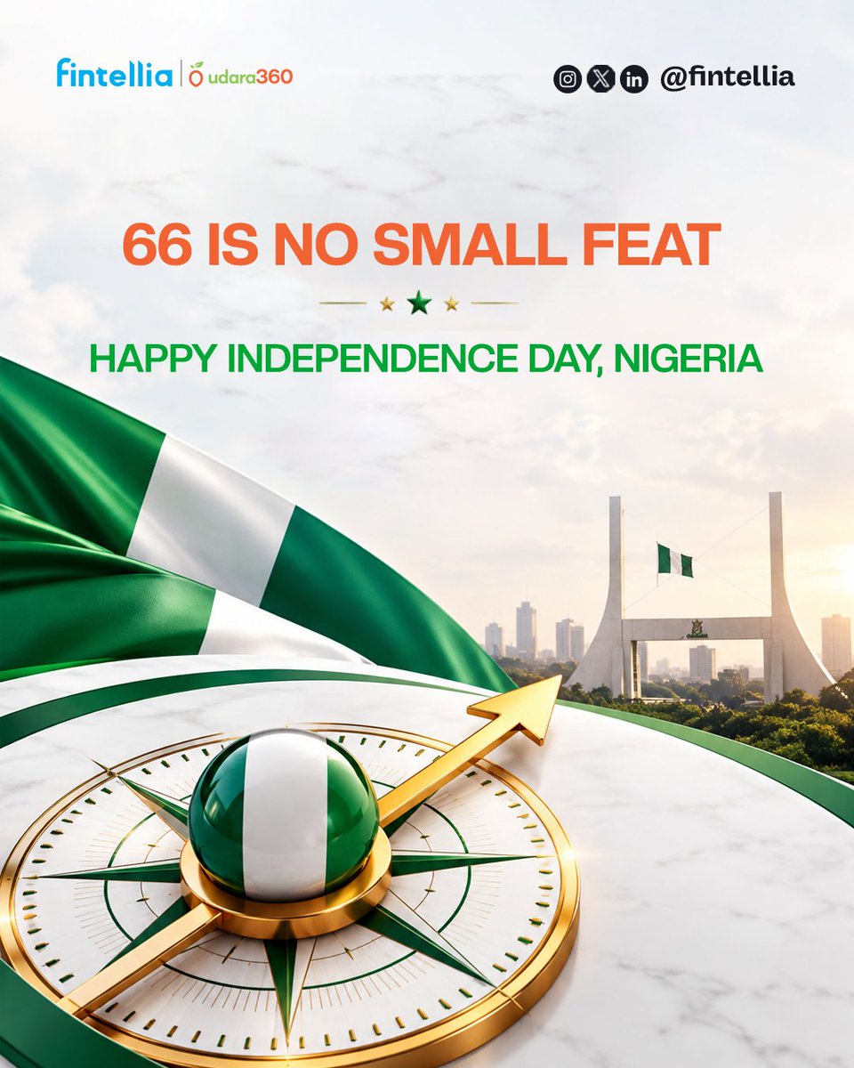 FintelliaTech's tweet photo. 66 years of resilience, growth, and unwavering promise.

Today, we celebrate the spirit of Nigeria. The enterprise, ingenuity, and people shaping our collective future.

Happy Independence Day, Nigeria. 🇳🇬 https://t.co/21pkKVayYY