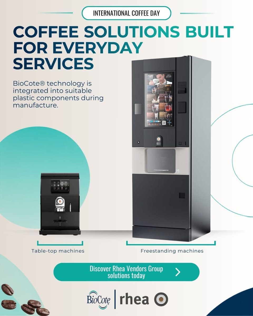 BioCote's tweet photo. This International Coffee Day, we’re celebrating Rhea Vendors Group × BioCote®. Suitable plastic components in selected Rhea coffee machines incorporate antimicrobial technology.

Discover the partnership.

#InternationalCoffeeDay #RheaVendorsGroup #BioCote https://t.co/QBS9MfoLUE