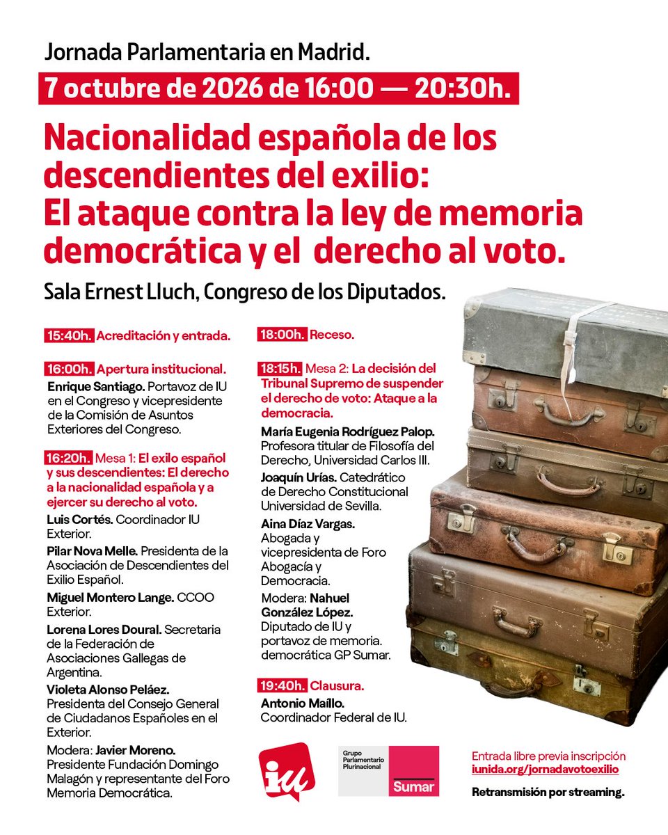 IzquierdaUnida's tweet photo. Las exiliadas no son ciudadanas de segunda, y sus derechos no se tocan. 

Organizamos una nueva Jornada Parlamentaria sobre el ataque de los tribunales al derecho a voto de los españoles exiliados durante la dictadura.

✏️ Apúntate en: https://t.co/CS1XdemuG7 https://t.co/et3Ai9JJy8