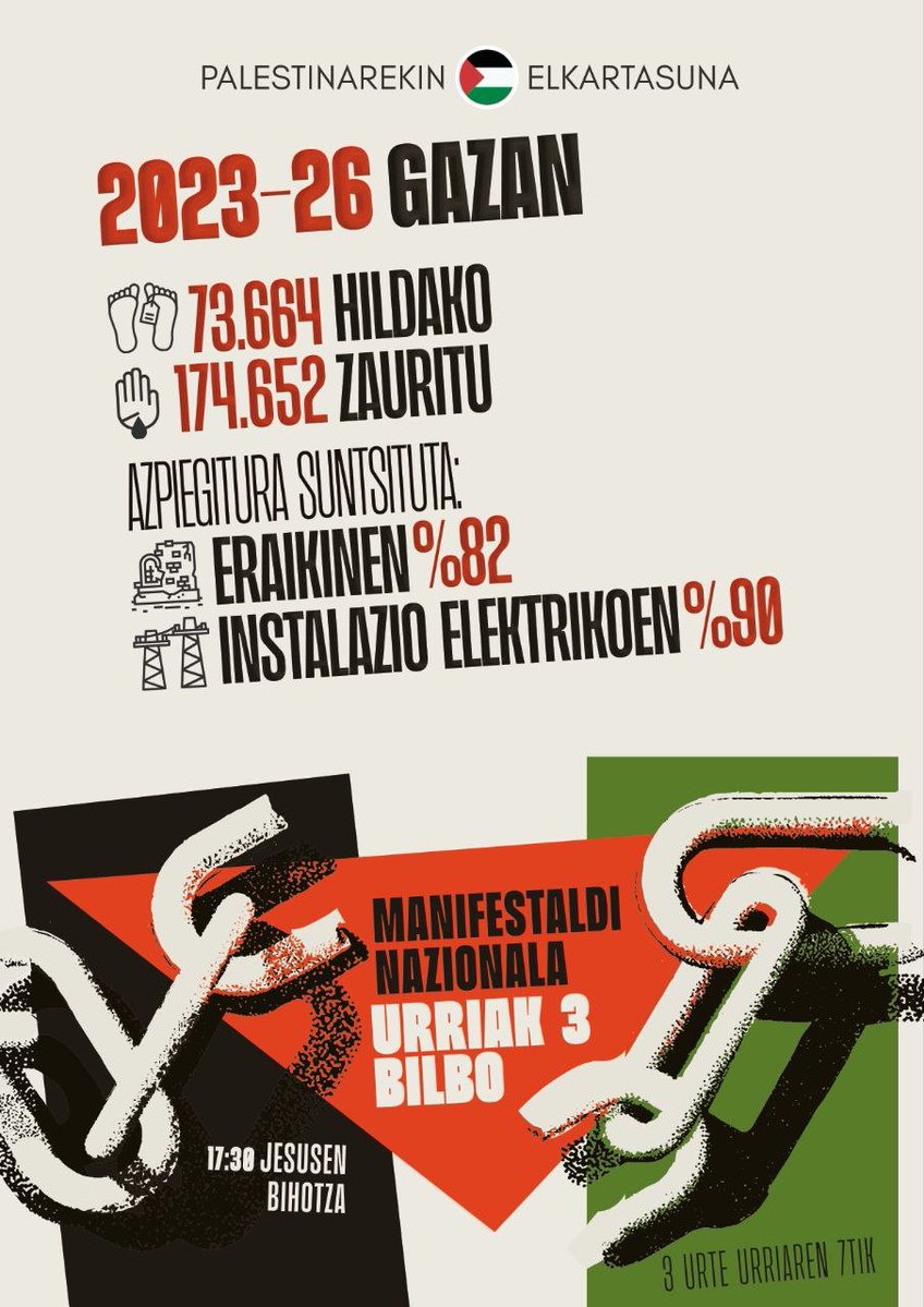 Palestinarekin's tweet photo. U3 BILBORA!

Erresistentziak 2023an "nahikoa da!" esan zuenetik, Israelek bere izaera kriminala agerian utzi du, frente guztietan suntsiketa, okupazioa eta garbiketa etnikoa zabalduz.

Israel eta bere konplizeen aurka ere, urriaren 3an Bilboko kaleak hartuko ditugu. https://t.co/RJEQonOlO4