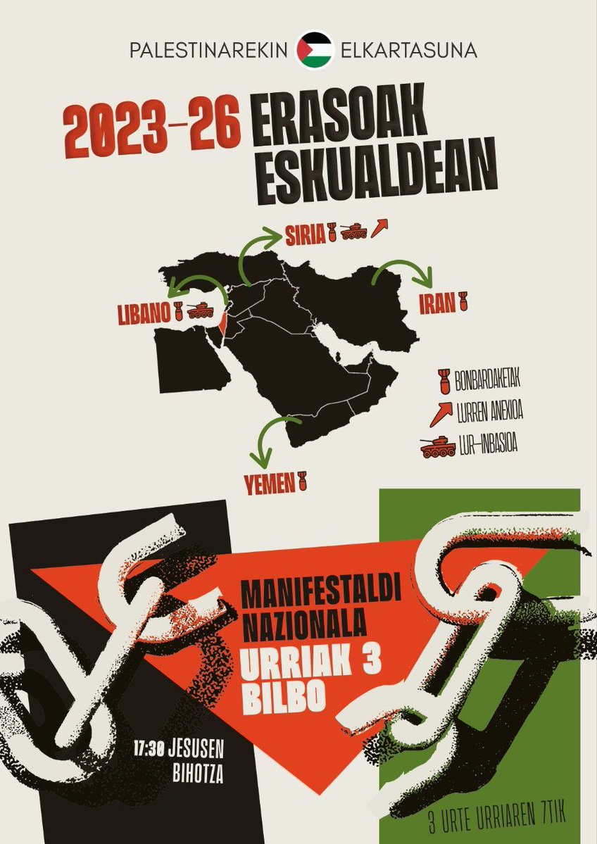 Palestinarekin's tweet photo. U3 BILBORA!

Erresistentziak 2023an "nahikoa da!" esan zuenetik, Israelek bere izaera kriminala agerian utzi du, frente guztietan suntsiketa, okupazioa eta garbiketa etnikoa zabalduz.

Israel eta bere konplizeen aurka ere, urriaren 3an Bilboko kaleak hartuko ditugu. https://t.co/RJEQonOlO4