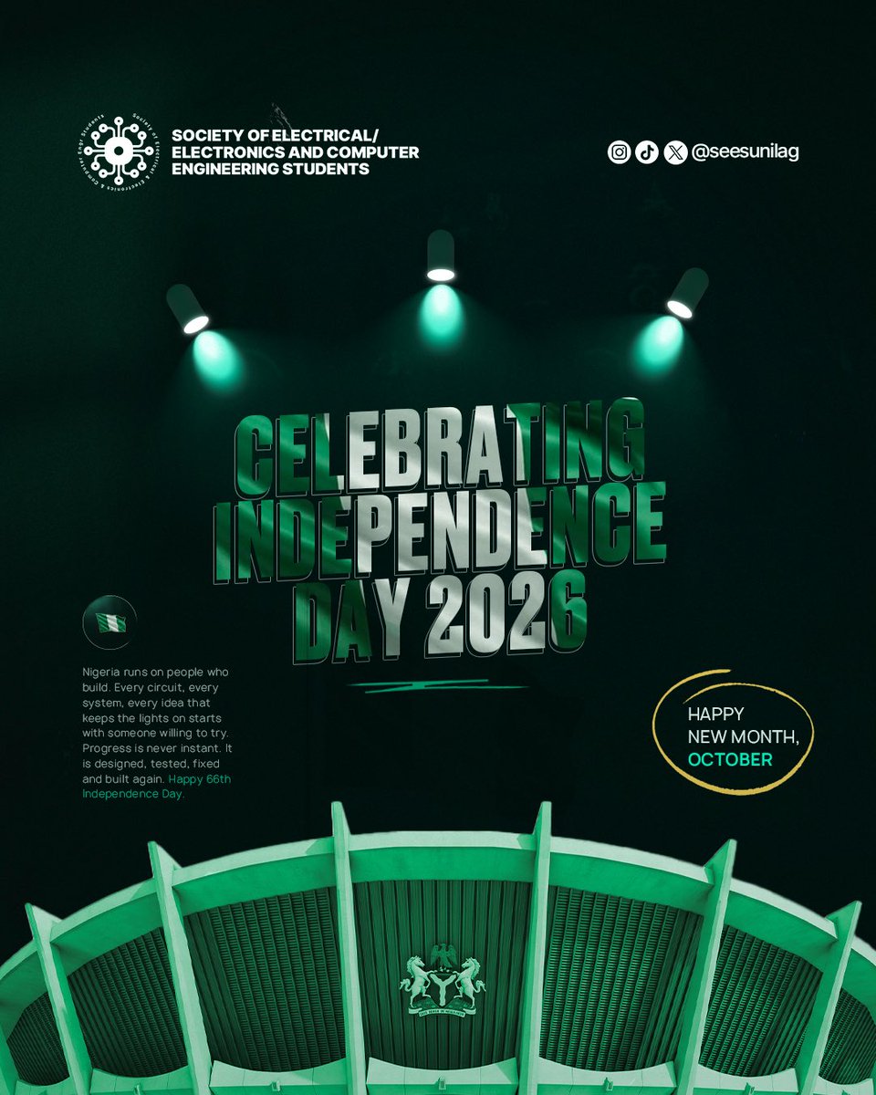 SEESUnilag's tweet photo. powering the future.🇳🇬 

Crazy fact: The Nigerian flag was designed in 1958 by Pa Taiwo Akinkunmi*who was actually an electrical engineering student at the time!
Check out the styling now.

Happy 66th Independence Day &amp; Happy New Month from SEES UNILAG! ⚡

©️ THE SYNARCHY 💚 https://t.co/1WVHVStvkb