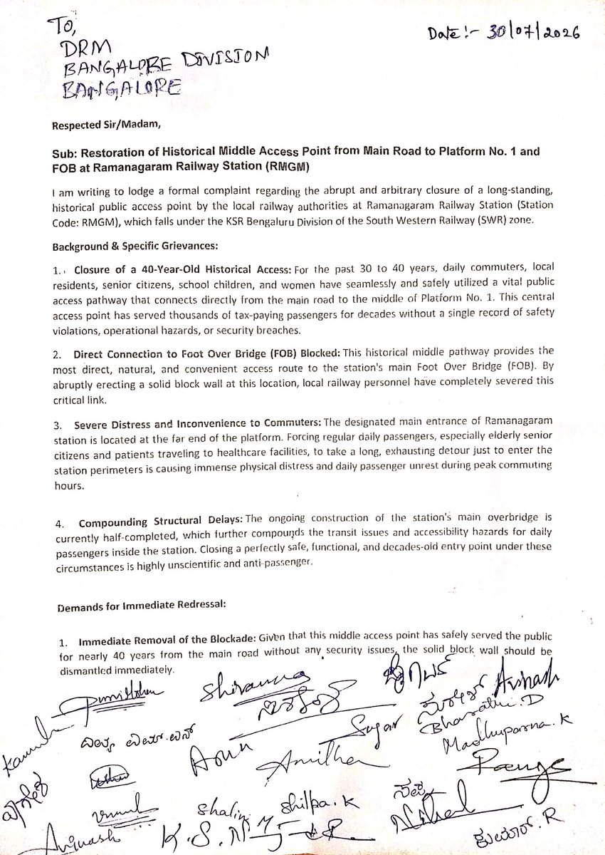 knamar18's tweet photo. @drmsbc @RailMinIndi @SWRRLY  @railcomplaint  @RailwaySeva  @dcmsbcb
Mr.Drmsbc,
Still we did not get secondary entry at Ramanagaram Station-RGMG. Public crossing active tracks daily. We requested as per Railway act/Railway Board guidelines for NSG-4 category. NO FUND REQUIRED. https://t.co/sx9jp2sS93