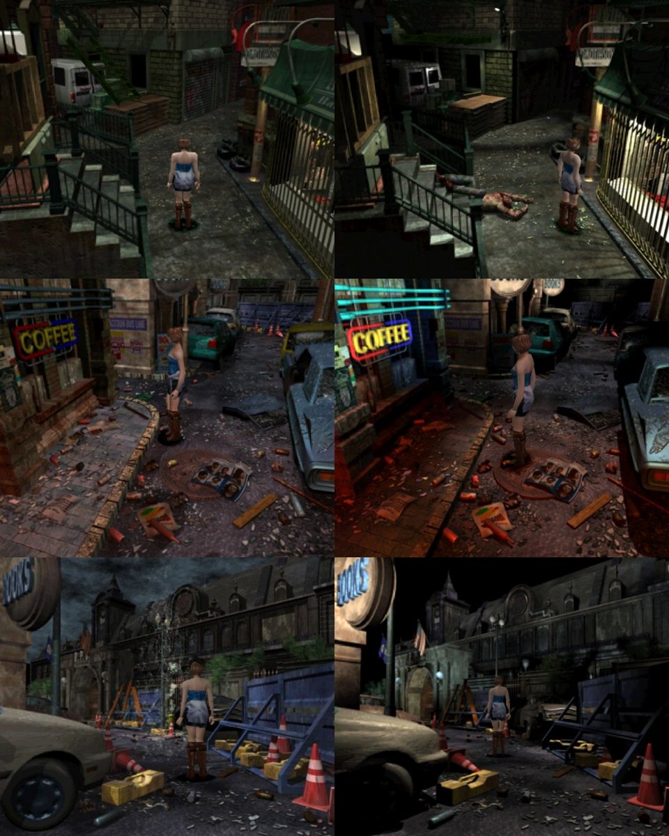 RacconSurvivor's tweet photo. Took a few shots of the environment in RE3 as a direct comparison between day &amp; night. The attention to the tiniest detail such as reducing the fire glow near the cafe during daytime &amp; how shadows are properly casted when lamps &amp; shop signs are on is honestly neat. #REBHFun https://t.co/Aym37C9uPM