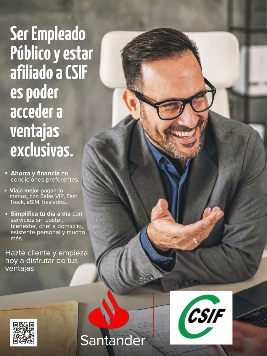 CSIFnacional's tweet photo. 🟢 Ser empleado/a público y estar afiliado a #CSIF es poder acceder a ventajas exclusivas, gracias a nuestro acuerdo con @santander_es 

👋 Hazte cliente del Santander y descubre los productos y servicios que podrás disfrutar por pertenecer al colectivo CSIF (consulta condiciones):

📱 iPhone 18 Pro.
💶 Cuenta y tarjeta sin comisiones.
💳 Accede a servicios exclusivos.
✅ Acceso a financiación con condiciones exclusivas.