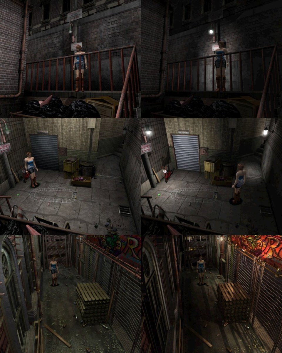 RacconSurvivor's tweet photo. Took a few shots of the environment in RE3 as a direct comparison between day &amp; night. The attention to the tiniest detail such as reducing the fire glow near the cafe during daytime &amp; how shadows are properly casted when lamps &amp; shop signs are on is honestly neat. #REBHFun https://t.co/Aym37C9uPM