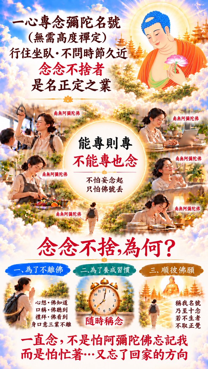 sdnftsdnftsdnft's tweet photo. 《為何念念不捨？》
有人提到「一直念」就有壓力：怕麻煩、怕拘束，也怕無聊。其實怕麻煩，就簡單念；怕拘束，就自在念；怕無聊，就換個方式念：走路、坐車、煮飯、工作空檔都可以念；出聲可以，默念也可以。
所以「念念不捨」不是打卡，也非要念多少才行；如果忘了，當然也不必懊惱。妄念來了，也不用跟它打架。能專則專，不能專也念；忘了再想起來接著念。慢慢地，佛號就會從刻意變成習慣，從習慣變成自然。
從起床開始，一想到就唸；養成念佛的好習慣。稱名不是拼數量交換往生，而是順彼佛願，佛徹底安我們的心了，不再為往生大事忐忑不安！
說到底，一直念，不是怕阿彌陀佛忘記我，而是怕忙著忙著，又「故意」忘了回家的方向。所以，念念不捨，不是把自己綁在佛號上，而是無論走多遠，手裡始終留著一條回家的線。
#淨土宗 #念佛法門 #南無阿彌陀佛