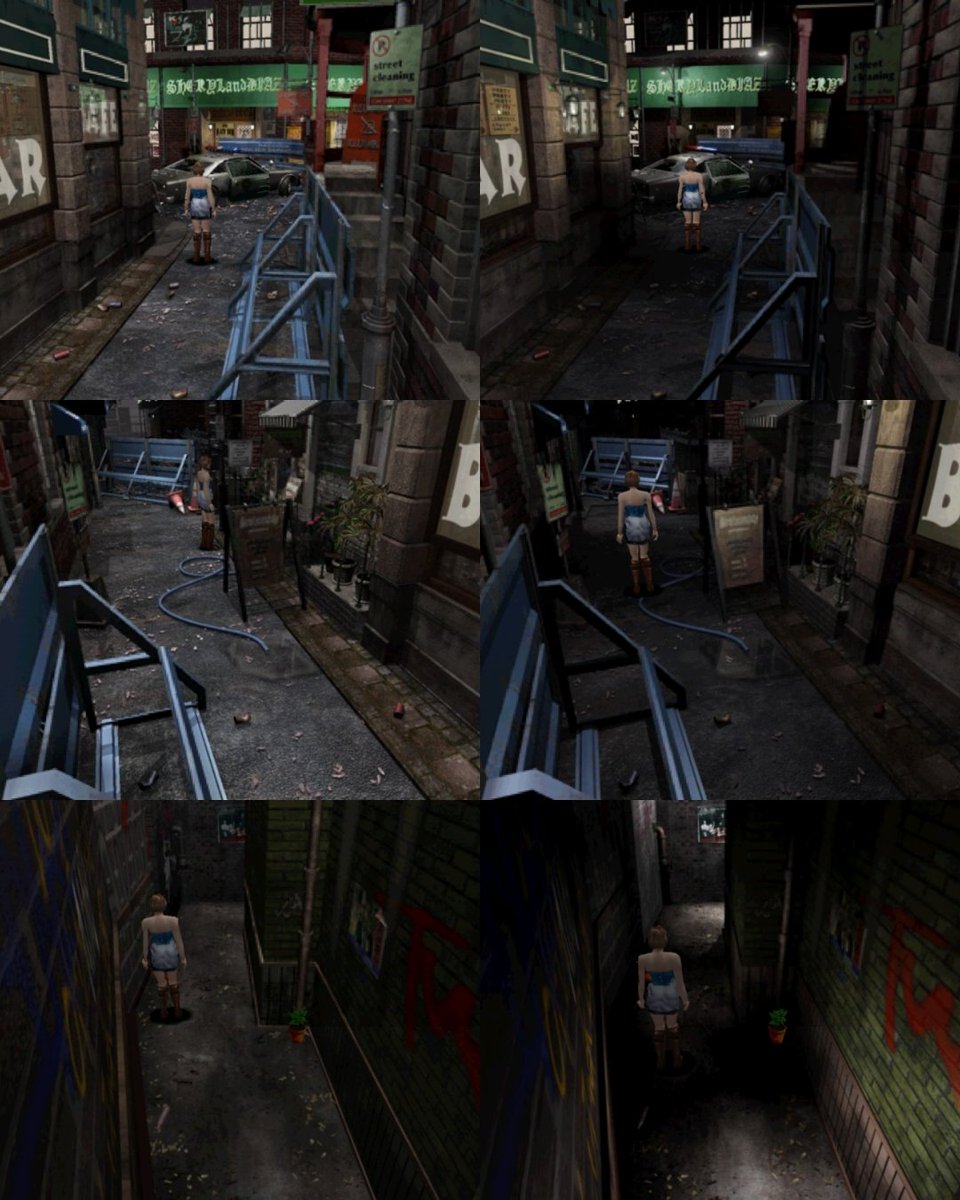 RacconSurvivor's tweet photo. Took a few shots of the environment in RE3 as a direct comparison between day &amp; night. The attention to the tiniest detail such as reducing the fire glow near the cafe during daytime &amp; how shadows are properly casted when lamps &amp; shop signs are on is honestly neat. #REBHFun https://t.co/Aym37C9uPM