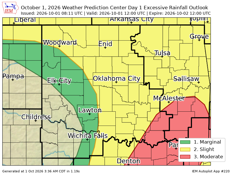 OUWEATHERBOT's tweet photo. WPC issues Day 1 Moderate Risk Excessive Rainfall Outlook at Oct 1, 8:11z for OUN https://t.co/XKqfAyOoXI https://t.co/rDVdOo9tSB