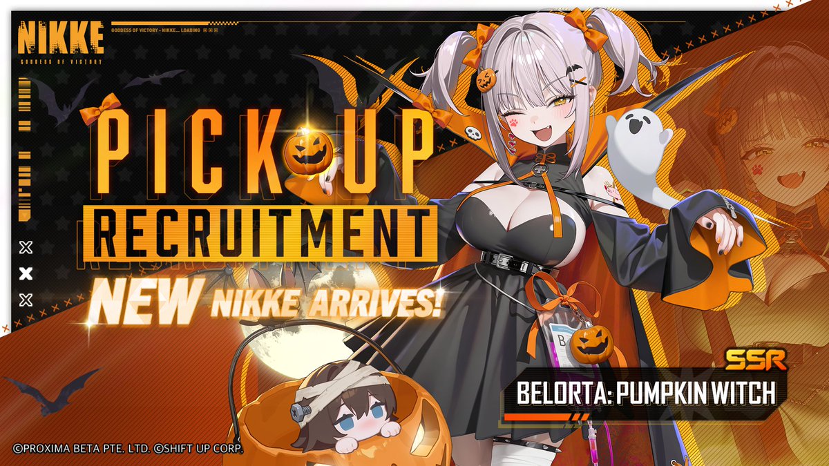 NIKKE_en's tweet photo. 【Pick Up Recruitment Notice】

Transformed into a mischievous witch to celebrate Halloween — SSR Nikke [Belorta: Pumpkin Witch] is coming soon!

[Belorta: Pumpkin Witch] Pick Up recruitment begins simultaneously!

Pick Up Period
📅 10/8 (After Maintenance) ~ 10/28, 23:59 (UTC+9)

Stay tuned!

#BelortaPumpkinWitch