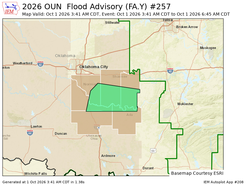 OUWEATHERBOT's tweet photo. OUN issues Flood Advisory for Cleveland, Garvin, McClain, Pontotoc, Pottawatomie, Seminole [OK] till Oct 1, 6:45 AM CDT https://t.co/LjaEEalTsL https://t.co/hmf3ulLdND
