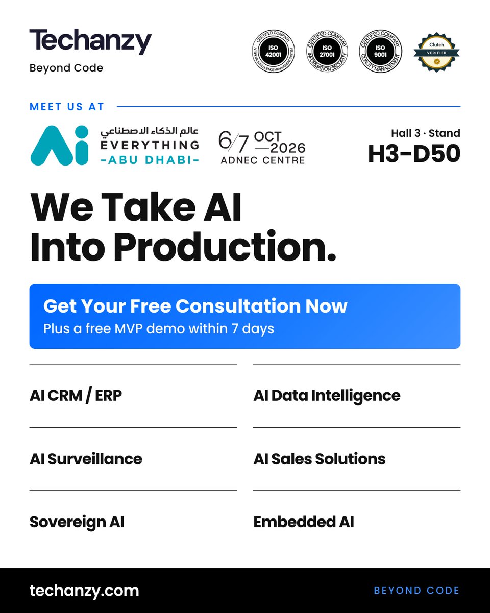 TechanzyLimited's tweet photo. We're exhibiting at #AiEverythingAbuDhabi 2026 🇦🇪
https://t.co/2xyziT5LRc

Taking AI from pilot to production: #SovereignAI, AI CRM/ERP, #EmbeddedAI.

📍 Hall 3, Stand H3-D50, ADNEC
📅 6-7 Oct 2026

Free consultation + free MVP demo in 7 days.
🌐 https://t.co/FPYZlJ1i6D https://t.co/I9pOEBdOSN