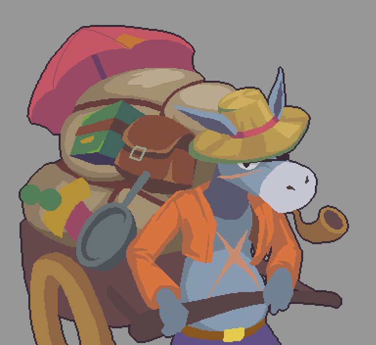 Siamassagi's tweet photo. Today,  Manao saw donkey wearing a straw hat, pulling a cart in a rather peculiar manner. They looked so suspicious! 🧐

- Admin Manao

#Siamassagi ⁠#GameDev #pixelart #IndieDev #indiegame https://t.co/utiuQCNmM5