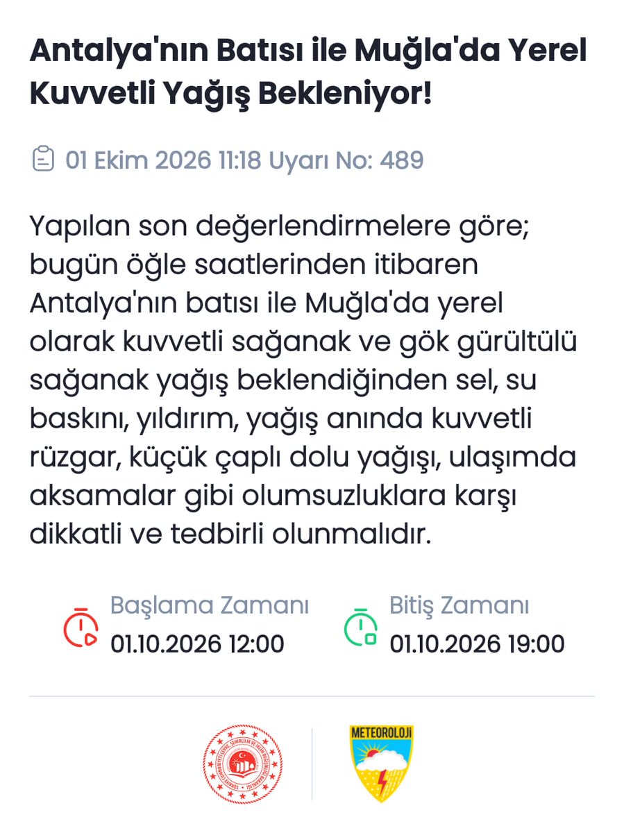 meteoroloji_twi's tweet photo. 🔊Meteorolojik Uyarı
Antalya'nın Batısı ile Muğla'da Yerel Kuvvetli Yağış Bekleniyor!
@AFADBaskanlik @AntalyaValilik @tcmuglavaliligi https://t.co/tSkchaOZ8K