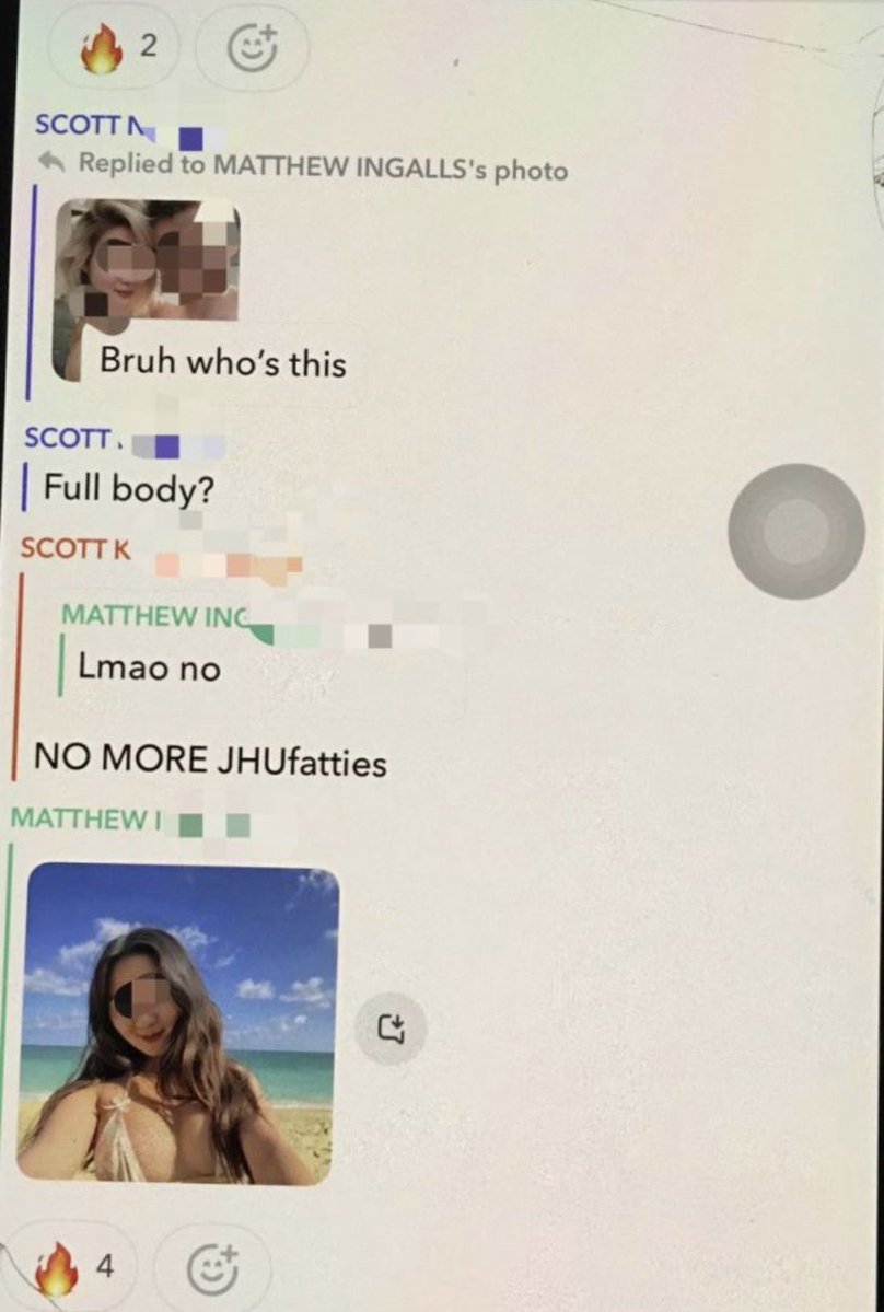emkenobi's tweet photo. I have received an extremely disturbing dm that contained a link to an alleged telegram groupchat with tons of screenshots of the Cornell 7 rapists sharing nude images of a girl and bragging about it. It was also found on 4chan and dates back to 2024 when the rapes took place. I do not know if the girl in the images is the victim or someone else. 

Winston, Matthew, Johnathan, Diego, and both Scott Norris and Scott Kretzschmar are seen participating  in the messages and sharing imagery of the girl on Snapchat. 

These are some of the messages 

In one of the snapchats Johnathan says “I think she fell asleep” as he’s ejaculating on her face and showing a photo of what looks like a girl passed out. 

Winston is also encouraging them and messages “post more.”

Diego says “Imma miss tonight fkkk”

They appear to be trying to find another girl to invite over and Scott K says “Better not be a fatty again”

Matthew then sends them a nude photo he received from a girl saying “JHU fatty sent me this btw” 

It seems like they often had group sex together based off these messages. 

They then share an image of a girl to which Jonathan says “Yuck. I wish she worked out half as hard as she sucked dick.” 

Winston also uses a slur and says “This ch**k slut won’t be walking tomorrow” 

This is some of the grossest things I’ve seen and it is clear they knew exactly what they were doing and were degrading women. These messages also prove this did not happen once and they have a history of looking for women to invite over. I do not know if the media has seen these messages but they are now public. Some of the girls faces are blurred but some aren’t. For that reason I do not feel comfortable posting a direct link to the channel. I will share a few of the messages where the girls cannot be identified as well as proof of what I posted above with the girls image blurred out.