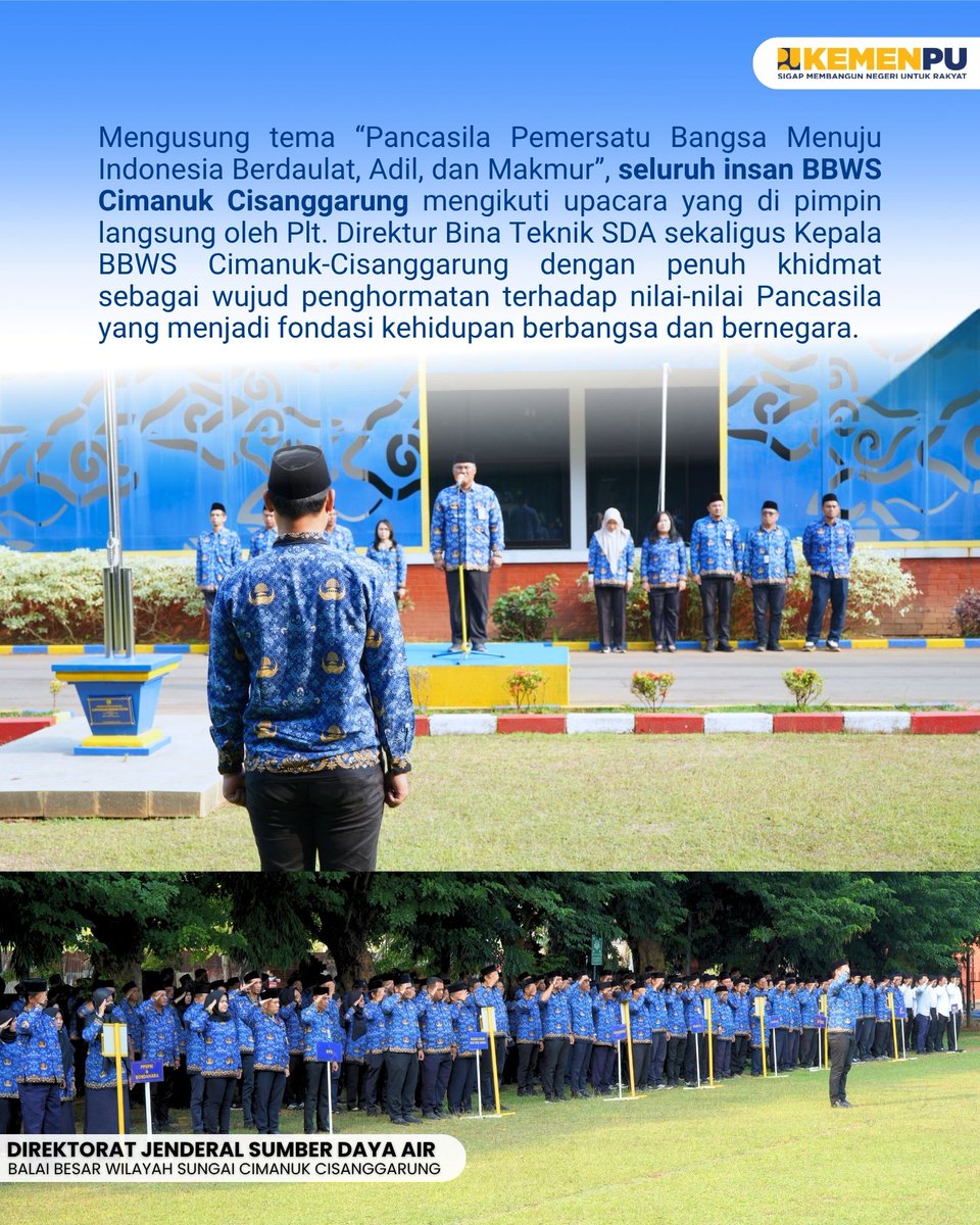 BBWSCimanuk's tweet photo. BBWS Cimanuk Cisanggarung melaksanakan Upacara Peringatan Hari Kesaktian Pancasila, 1 Oktober 2026, dengan tema “Pancasila Pemersatu Bangsa Menuju Indonesia Berdaulat, Adil, dan Makmur.”

#sigapmembangunnegeriuntukrakyat 
#bbwscimancis https://t.co/M1OY6vv1qT