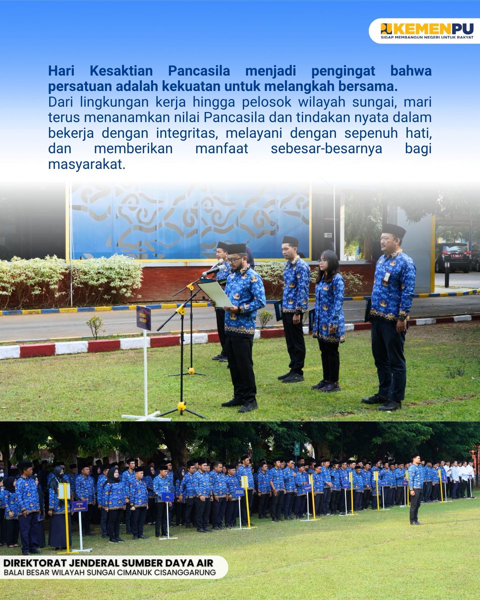 BBWSCimanuk's tweet photo. BBWS Cimanuk Cisanggarung melaksanakan Upacara Peringatan Hari Kesaktian Pancasila, 1 Oktober 2026, dengan tema “Pancasila Pemersatu Bangsa Menuju Indonesia Berdaulat, Adil, dan Makmur.”

#sigapmembangunnegeriuntukrakyat 
#bbwscimancis https://t.co/M1OY6vv1qT