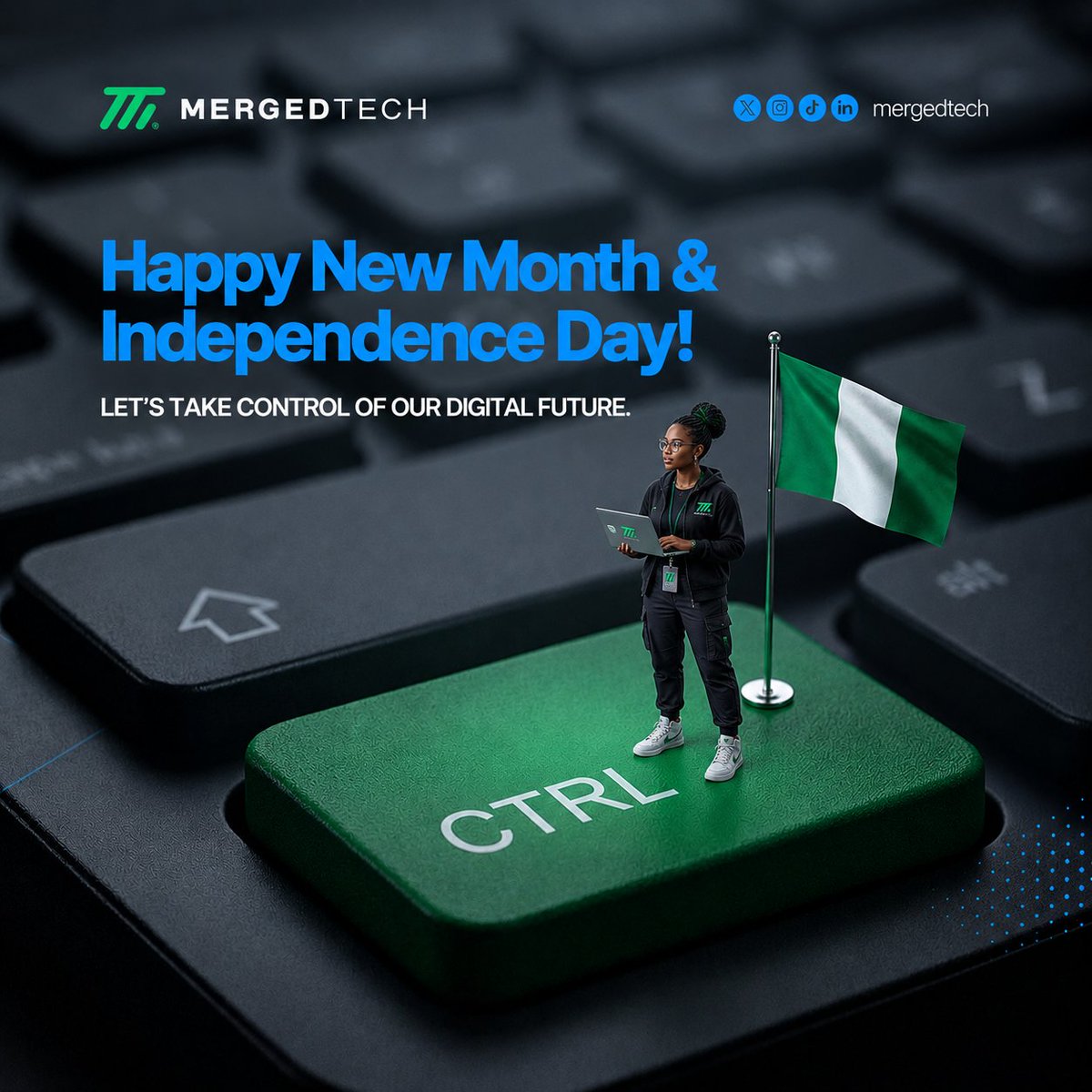 mergedtechhq's tweet photo. 🇳🇬 Happy New Month &amp; Happy Independence Day!

Let’s take control of our digital future. 💙

#MergedTech #Nigeria #IndependenceDay https://t.co/OPLuHs1OMP