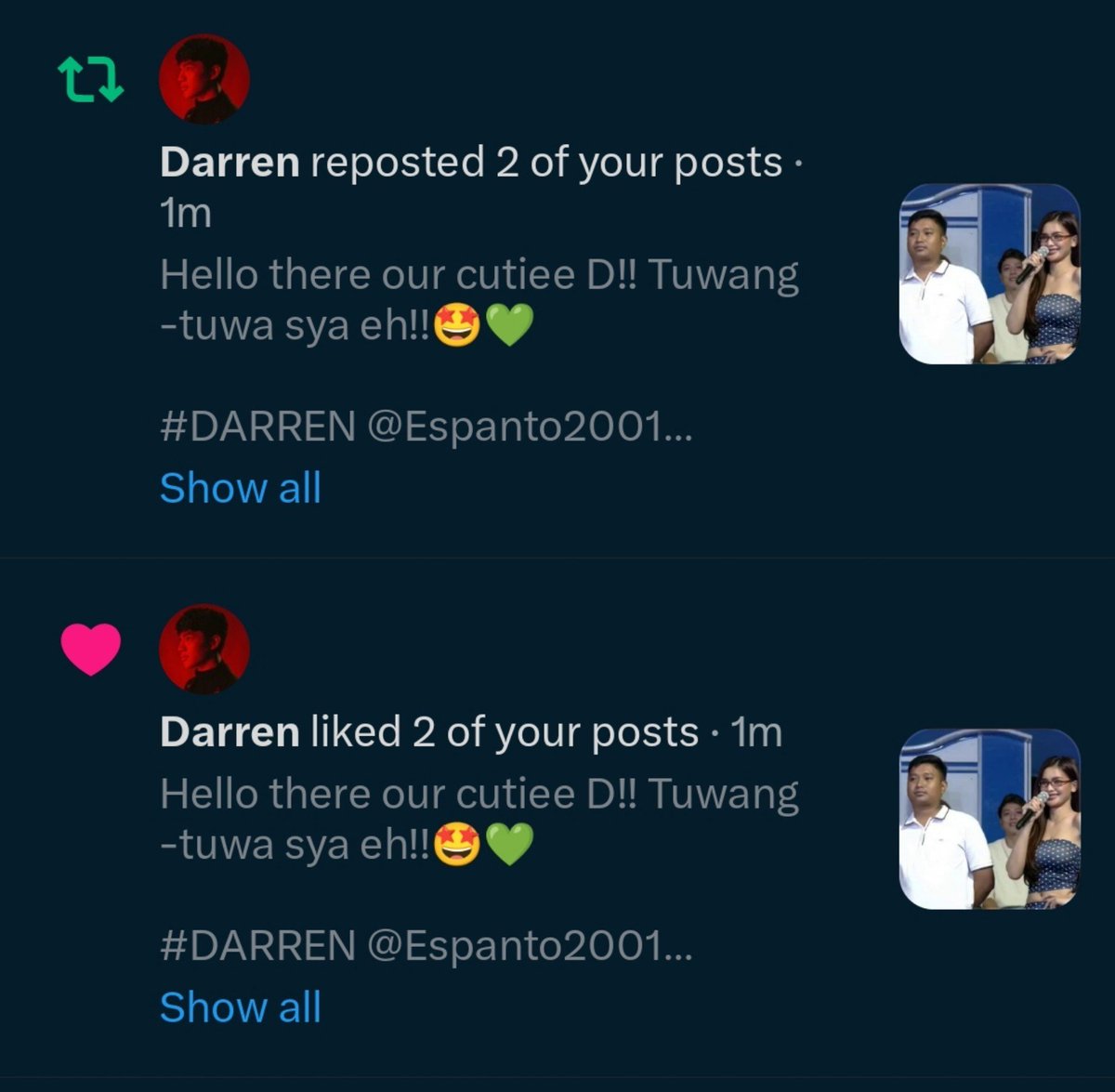 iLoveDarren_24's tweet photo. Always my best notifications!! Buong-buo na naman po ang araw ko!!๐ฅน๐คฉ Ayieee thank youu always D!!
I love youuu always and foreverrr @Espanto2001 I'm alwayss here for youu!!๐คโค๏ธ๐
#DARREN @Espanto2001
#ShowtimeOctoberNa https://t.co/r6CyXoN5I5