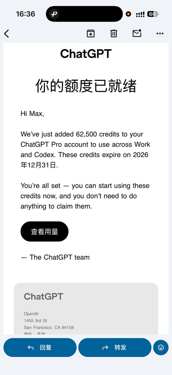KMaxone's tweet photo. 自从 OpenAI 30 号的发布会把 20 x 的额度减半之后，我有了不想续费的想法。但是呢，官方昨天又给我送了价值 2500 美金的额度，一共 62500 额度，而且是年底才过期，似乎让我现在有点动摇了。 https://t.co/YGBzwYB2Q2