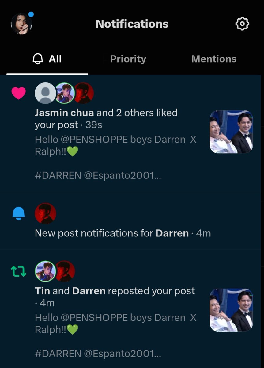 iLoveDarren_24's tweet photo. Always my best notifications!! Buong-buo na naman po ang araw ko!!๐ฅน๐คฉ Ayieee thank youu always D!!
I love youuu always and foreverrr @Espanto2001 I'm alwayss here for youu!!๐คโค๏ธ๐
#DARREN @Espanto2001
#ShowtimeOctoberNa https://t.co/r6CyXoN5I5