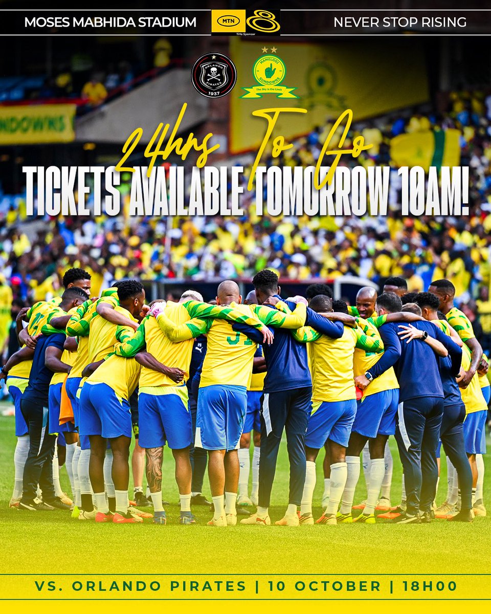 Masandawana's tweet photo. 𝟮𝟰 𝙃𝙊𝙐𝙍𝙎 𝙏𝙊 𝙂𝙊! ⏳🎟️

Yellow Nation, we’re just 24 hours away from #MTN8 Final tickets going live! Get prepared and make sure you’re ready to secure your seat and rally behind Bafana Ba Style 🔥

🎟️ Tickets go live on OpenTickets tomorrow, 2 October at 10AM!

#Sundowns #NeverStopRising