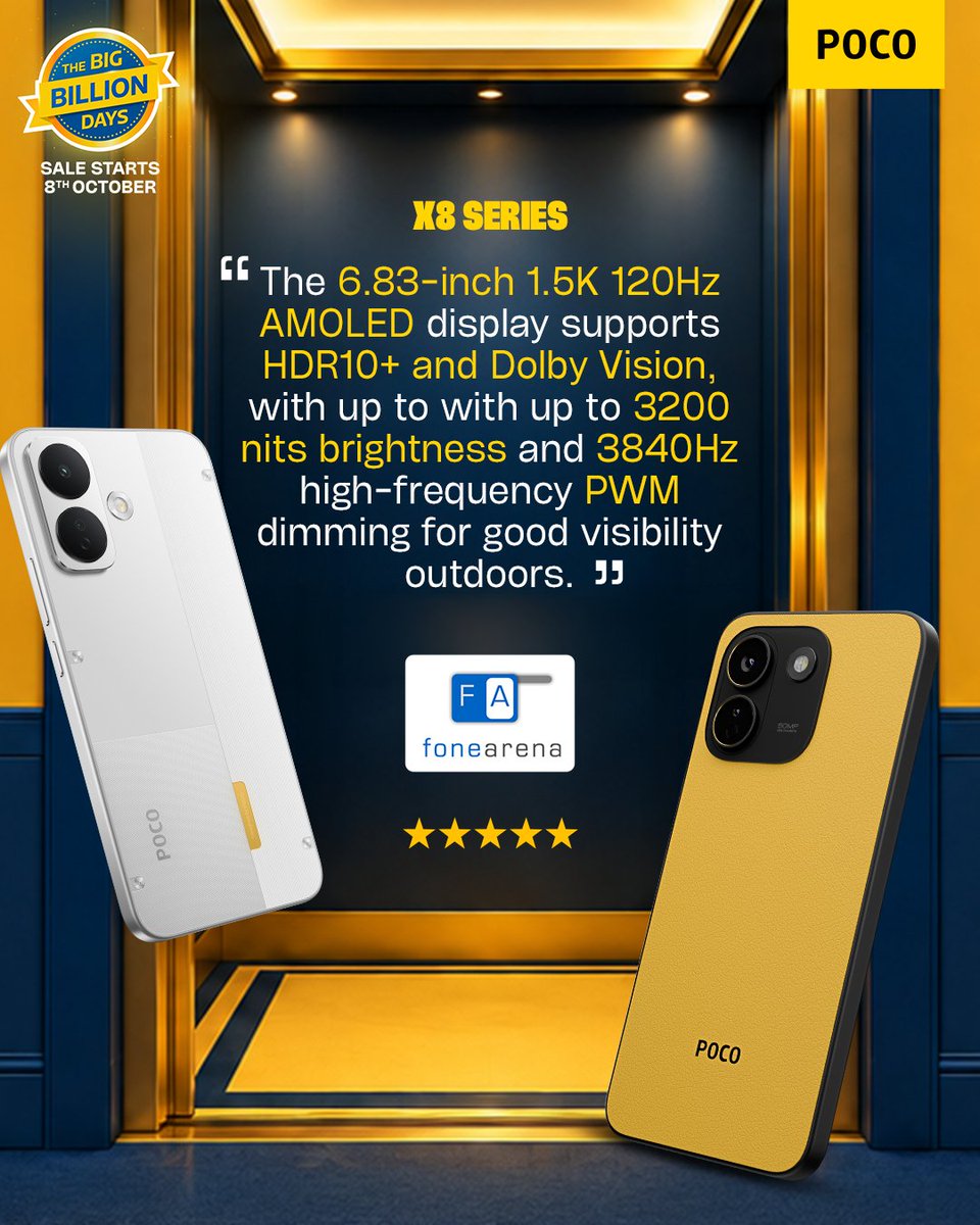 IndiaPOCO's tweet photo. The experts have spoken, &amp; they are completely blown away! 🌟

Tech experts at Fonearena put the #POCOX8Series through its paces, and handed it a glowing 5-star rating.

Ready to experience it for yourself?

Sale goes live on 8th October on Flipkart
#POCOIndia #BBD #Discount https://t.co/axjA0SyKes
