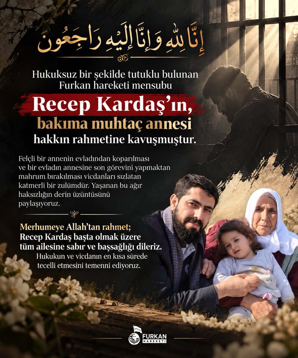 Ahmethazarvan's tweet photo. إِنَّا لِلَّهِ وَإِنَّا إِلَيْهِ رَاجِعُونَ

Bugün acı bir haberle sarsıldık…

Hukuksuz bir şekilde tutuklu bulunan Recep Kardaş’ın, bakıma muhtaç annesi vefat etti.

Bir annenin son günlerinde evladının yanında olamaması, bir evladın ise annesine son görevini yerine getiremeden bu dünyadan uğurlamak zorunda kalması, tarif edilmesi zor bir acıdır.

Bu acının en ağır taraflarından biri de Recep Kardaş’ın annesinin cenazesinde yanında bulunamamasıdır. Bir evladın annesine son kez veda etme hakkının elinden alınması, geride tarifsiz bir burukluk bırakmıştır.

Merhumeye Allah’tan rahmet diliyorum.
Başta Recep Kardaş olmak üzere ailesine, yakınlarına ve sevenlerine sabır ve başsağlığı diliyorum.

Rabbim geride kalanlara sabır versin, merhumeyi rahmetiyle kuşatsın.
Mekânı cennet, makamı âli olsun. 🤲