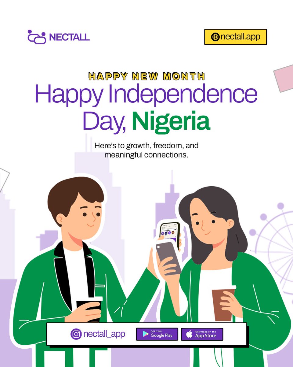 nectall_app's tweet photo. Happy New Month, and welcome to October. 
Today we have double the reason to celebrate as we mark Independence Day! 🇳🇬✨

Cheers to growth, freedom and meaningful connections.
#HappyNewMonth #independencedaynigeria #October1st #nectall #connection https://t.co/qzXKnQY9ve