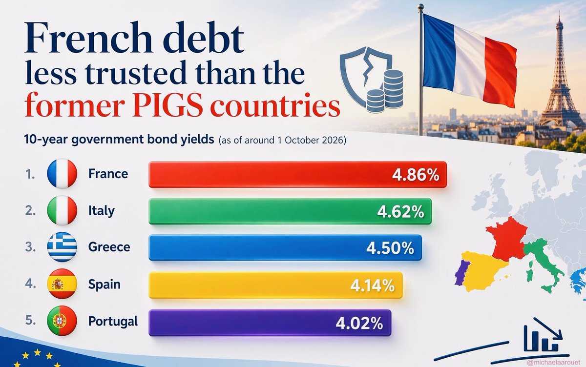 MichaelAArouet's tweet photo. Markets have delivered a verdict that would have sounded absurd a decade ago, France now pays more to borrow for 10 years than Italy, Greece, Spain or Portugal.

It is the price of a political system that has spent years treating fiscal gravity as optional. Debt is heading toward 120% of GDP, the fiscal deficit remains stuck above 5%, and public spending is still among the highest in the developed world. Announced pension and labour-market reforms were diluted, delayed or abandoned. Reform attempts immediately trigger furious union reactions and strikes.

The former PIGS countries did the opposite after the first euro crisis in 2010–12. They ran primary surpluses, cleaned up banks, and accepted that membership in a currency union requires domestic adjustment.

A second euro crisis would not look like the first, France is too big to be treated like Greece. Contagion would hit Italian and Belgian spreads, French banks, and the credibility of the entire monetary union. The ECB can buy some time, but it cannot substitute for a political class unwilling to tell voters that the bill has arrived.