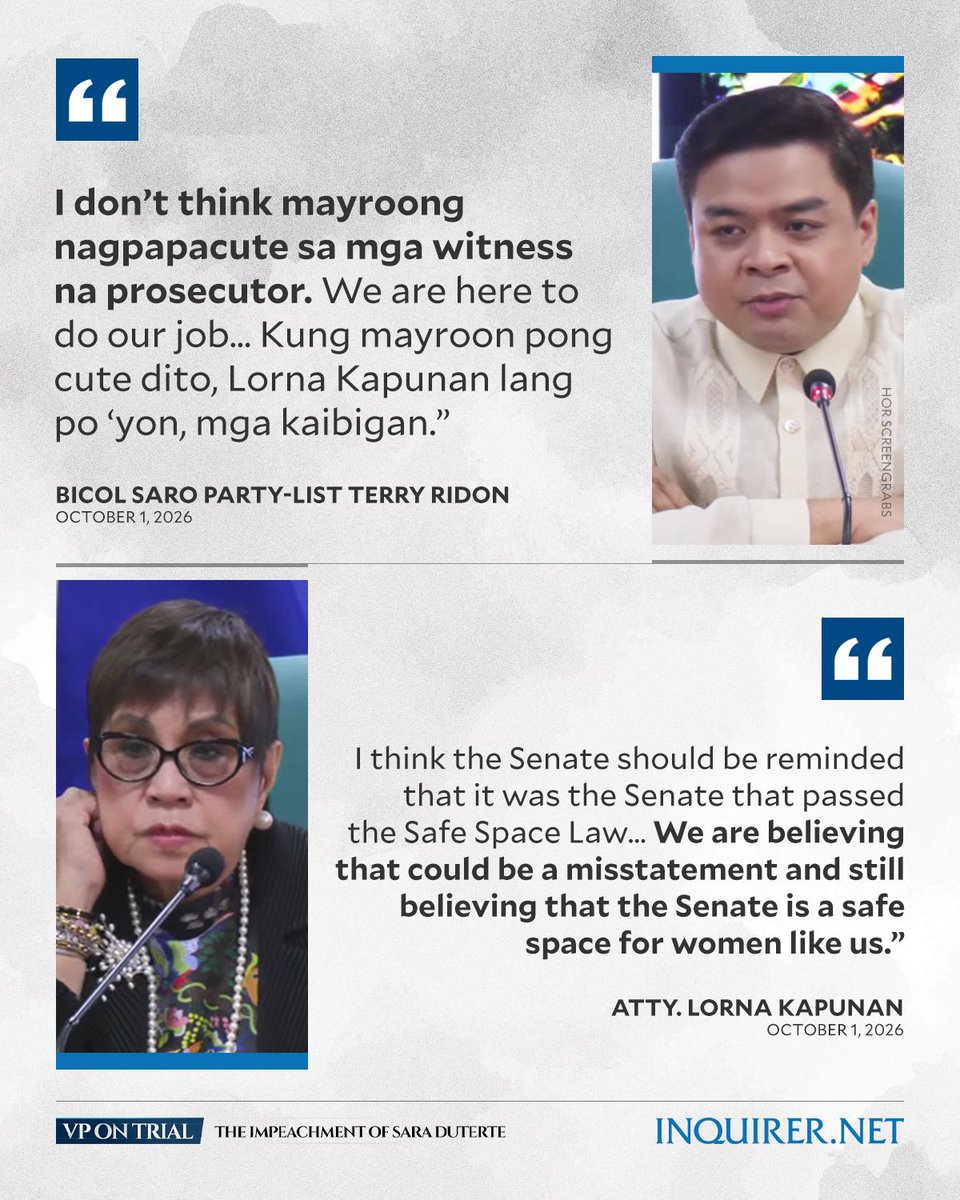 inquirerdotnet's tweet photo. ‘WE ARE STILL BELIEVING THAT THE SENATE IS A SAFE SPACE FOR WOMEN LIKE US’

Atty. Lorna Kapunan and Rep. Terry Ridon said that while they respect the opinions of senator-judges, they dispute that a prosecutor is acting cute in the impeachment proceedings, following Senator-judge Raffy Tulfo’s “nagpapacute” remarks. #VPonTrial

Follow our live updates here: https://t.co/x4HKPZNtcE

Watch our livestream here: https://t.co/yLwDqPTOd5
