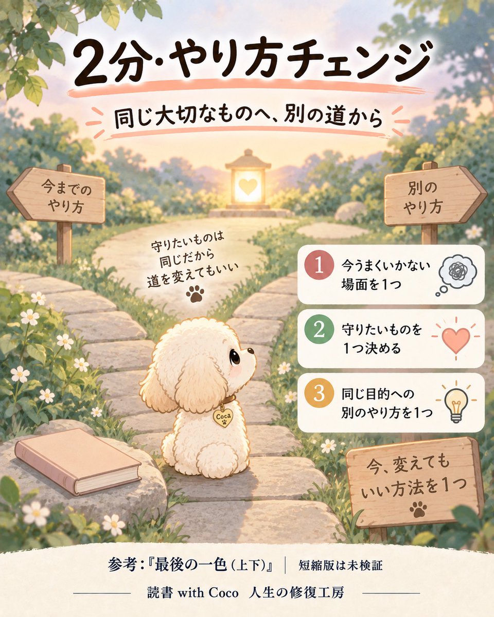 read_with_coco's tweet photo. 「このやり方しかない」と頑張っているのに、仕事が進まない。

そんなときは2分だけ。
①うまくいかない場面を1つ
②本当に守りたいものを1つ
③同じ目的への「別のやり方」を1つ

『最後の一色』×心理的柔軟性研究から作ったオリジナルワーク。
短縮版自体は未検証です。

今、変えてもいい方法を1つ

読書with Coco🐾