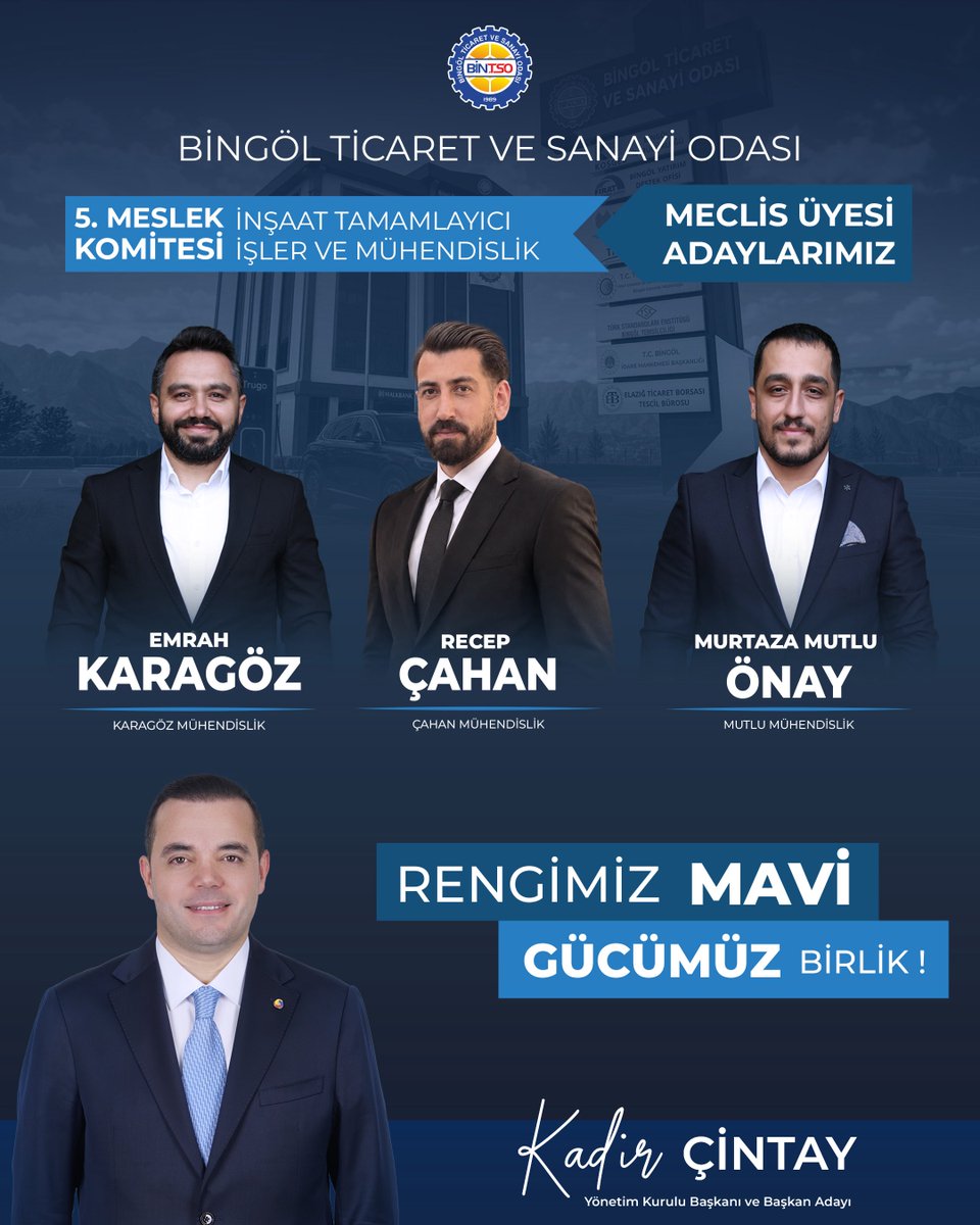 Kadir_Cintay12's tweet photo. Bingöl Ticaret ve Sanayi Odası organ seçimleri kapsamında, 5. Meslek Komitesi (İnşaat Tamamlayıcı İşler ve Mühendislik) meclis üyesi adaylarımızı paylaşıyorum.

Mavi Liste adaylarımız:

Emrah Karagöz — Karagöz Mühendislik

Recep Çahan — Çahan Mühendislik

Murtaza Mutlu Önay — Mutlu Mühendislik

Sektör üyelerimizin talep ve önerilerini komite çalışmalarımıza yansıtarak yapıcı ve çözüm odaklı bir çalışma yürüteceğiz. 3 Ekim’de desteğinizi bekliyorum.
#BİNTSO #Bingöl