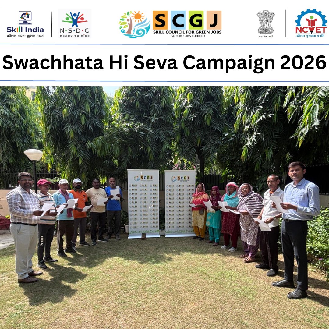 sscgreenjobs's tweet photo. The Skill Council for Green Jobs (SCGJ) observed the Swachhata Hi Sewa 2026 campaign, being celebrated from 17 September to 2 October 2026, with active participation from its Safai Karamcharis. https://t.co/lI36GSAW4w