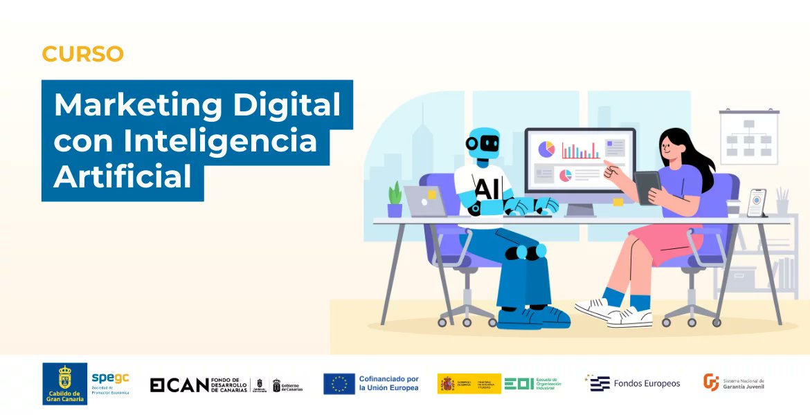 SPEGC's tweet photo. ¡Última llamada! El plazo de inscripción para el 'Curso de Marketing Digital con IA' se cierra los próximos días 🚀

Aprender a combinar las estrategias digitales con Inteligencia Artificial es una de las competencias más valoradas en el mercado laboral actual. Durante esta formación aprenderás a diseñar estrategias de alto impacto, optimizar campañas y automatizar procesos con herramientas de última generación para dar un impulso definitivo a tu perfil.

🎯 Dirigido a jóvenes de entre 16 y 29 años inscritos en el Sistema Nacional de Garantía Juvenil

💻 Modalidad: Online. Formación 100% práctica
📅 Inicio: 9 de octubre
Más información e inscripciones 👇
https://t.co/vLWYFkppBi