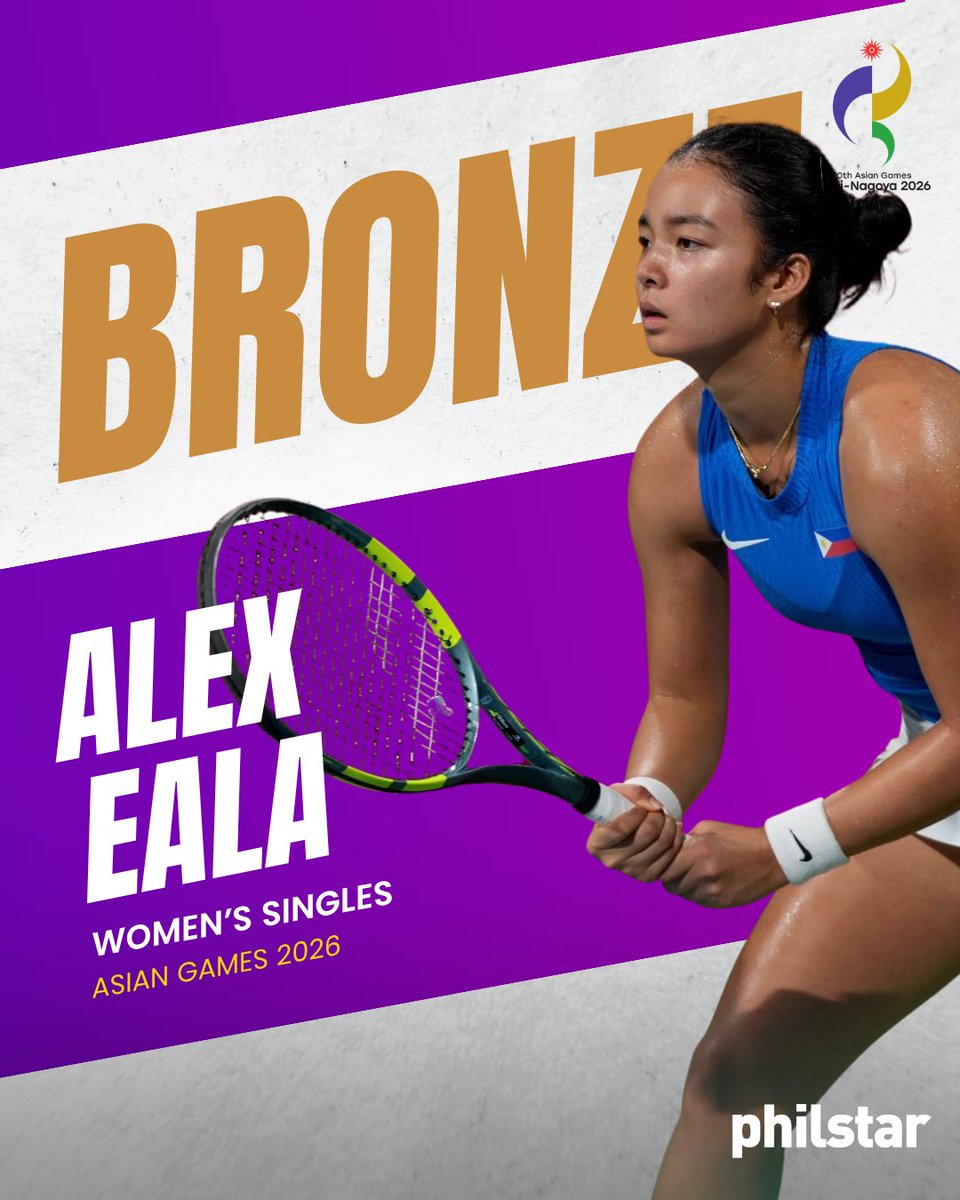 PhilstarNews's tweet photo. BRONZE FOR ALEX! 🥉

Alex Eala’s Asian Games campaign ends with a bronze medal after the Filipina tennis star fell to China’s Wang Xiyu in the women’s singles semifinal on Thursday at the Nagoya City Higashiyama Park Tennis Center in Japan.

Eala came out strong and took the opening set but Wang battled back to win the next two and advance to the gold medal match.
 #AsianGames2026