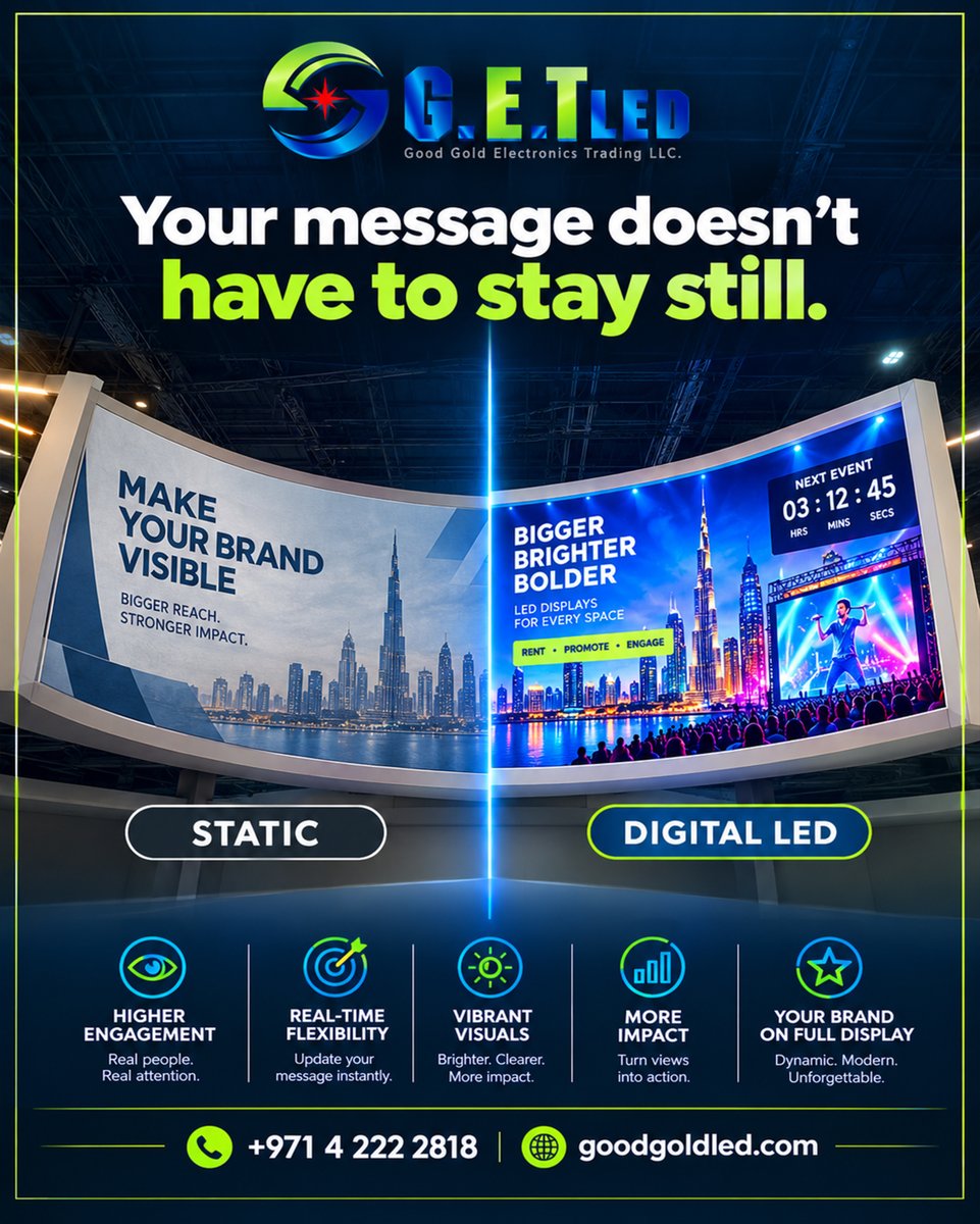 GoodGoldLed's tweet photo. Still using static signage? 🤔
One sign, one message. With LED, you can change promotions, update campaigns, show video, and highlight products anytime.
Your message doesn't have to stay still. 💡
📞 +971 4 222 2818 | 🌐 https://t.co/JL8sRvANXn
#DigitalSignage #LEDDisplay https://t.co/OktSLWIDXV