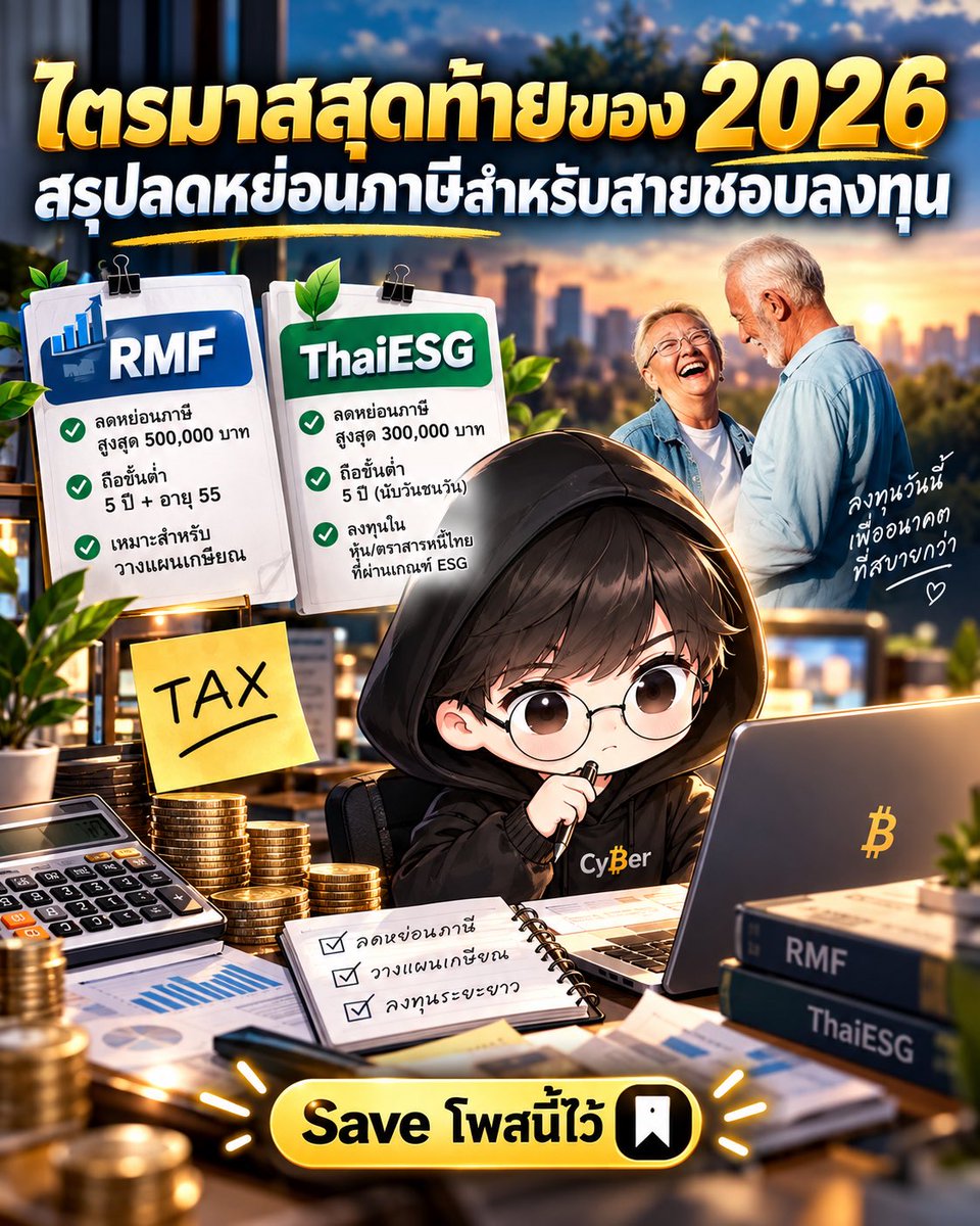 Cyber__trader's tweet photo. ภาษีคือเงินที่เราจ่ายไป โดยไม่ได้อะไรกลับมาเลยสักบาท 💸

และนี่คือเหตุผลที่ Q4 ทุกปี ผมบอกลูกค้าทุกคนว่าอย่าปล่อยสิทธิ์ลดหย่อนหลุดมือ เพราะความต่างระหว่างผลตอบแทน 0 กับ 1 คือ "ไม่มีที่สิ้นสุด"!

ลองคิดแบบนี้นะครับ คนที่อยู่ฐานภาษี 20% ถ้าซื้อกองทุนลดหย่อน 100,000 บาท จะได้ภาษีคืน 20,000 บาท เท่ากับได้ผลตอบแทน 20% ทันที 🤯

ซึ่งได้ก่อนที่กองทุนจะขยับแม้แต่บาทเดียว ถ้าไม่ซื้อ เงิน 20,000 นั้นก็หายไปเป็นภาษีแบบไม่มีอะไรกลับมาเลย

ปีนี้ตัวหลักที่ยังใช้ได้มี 2 ตัว คือ RMF กับ ThaiESG

RMF (กองทุนเพื่อการเลี้ยงชีพและการเกษียณ)

เงื่อนไข:

1. ลดหย่อนได้ 30% ของรายได้ สูงสุด 500,000 บาท แต่เพดานนี้ต้องรวมกับ PVD, กบข., ประกันบำนาญ
ต้องถือครบ 5 ปี และอายุ 55 ปีขึ้นไปถึงจะขายได้

2. ต้องซื้อต่อเนื่อง ห้ามเว้นเกิน 1 ปีติดกัน

3. ลงทุนได้หลากหลาย ทั้งหุ้นไทย หุ้นต่างประเทศ ตราสารหนี้ ทอง

ThaiESG (กองทุนไทยเพื่อความยั่งยืน)

เงื่อนไข:

1. ลดหย่อนได้ 30% ของรายได้ สูงสุด 300,000 บาท และเป็นวงเงินแยก ไม่นับรวมในเพดาน 500,000
ถือครบ 5 ปีแบบนับวันชนวัน ไม่มีเงื่อนไขอายุ

2. ไม่บังคับซื้อต่อเนื่อง ปีไหนจะซื้อก็ได้

3. ลงทุนได้แค่หุ้นและตราสารหนี้ไทยที่ผ่านเกณฑ์ ESG

อีกเรื่องที่ต้องรู้เพิ่ม คือ เงื่อนไข ThaiESG แบบปัจจุบัน (300,000 บาท ถือ 5 ปี) ครอบคลุมการซื้อถึงสิ้นปี 2569 เท่านั้น หลังจากนี้ต้องติดตามว่าจะมีการต่ออายุหรือปรับเงื่อนไขอีกไหม แปลว่าปีนี้คือโอกาสสุดท้ายสำหรับเงื่อนไขนี้! 

แต่ถ้าแค่บอกก็จะไม่ใช่ช่องผม เพราะฉะนั้นก่อนเลือกกองทุน ผมอยากให้เช็ค 4 เรื่องนี้เสมอครับ

1. นโยบายการลงทุนตรงกับความเสี่ยงที่รับได้ไหม หุ้นล้วน ผสม หรือตราสารหนี้

2. ค่าธรรมเนียม ดูที่ TER (ค่าใช้จ่ายรวม) เพราะต้องถืออย่างน้อย 5 ปี ค่าธรรมเนียมที่ต่างกันแค่ 1% ต่อปี กินผลตอบแทนไปได้เยอะกว่าที่คิด
ผลงานย้อนหลังเทียบ Benchmark อย่างน้อย 5 ปี ไม่ใช่ดูแค่ปีล่าสุดที่ร้อนแรง

3. อย่าซื้อเกินสิทธิ์ ส่วนที่เกิน 30% ของรายได้เอาไปลดหย่อนไม่ได้ แต่เงินก็ยังติดเงื่อนไขอยู่ดี

และจุดสำคัญคือ ถ้าขายผิดเงื่อนไข ต้องคืนภาษีที่เคยได้ลดหย่อนพร้อมเงินเพิ่ม 1.5% ต่อเดือน กำไรที่ได้ก็ต้องเสียภาษีด้วย 😱

ในฐานะที่ปรึกษาการเงิน สิ่งที่ผมย้ำกับลูกค้าเสมอ คือ ทุกการลงทุนต้องสะท้อน "เป้าหมาย" ของเรา ไม่ใช่แค่ลดหย่อนให้ครบแล้วจบครับ

ถ้าเป็นเงินเพื่อเกษียณ RMF ตอบโจทย์ที่สุด เพราะเงื่อนไขอายุ 55 บังคับให้เราไม่เอาเงินก้อนนี้ออกมาใช้ก่อนเวลา

แต่ถ้าอยากได้สภาพคล่องที่เร็วกว่า เพื่อเป้าหมายอื่นอย่างดาวน์บ้าน ทุนการศึกษาลูก หรือเงินก้อนตั้งตัว ThaiESG ที่ถือแค่ 5 ปีโดยไม่มีเงื่อนไขอายุจะยืดหยุ่นกว่ามาก

ลดหย่อนภาษีคือโบนัส แต่เป้าหมายคือ สิ่งที่ต้องมาก่อนเสมอ

และระวังอย่ารอซื้อวันสุดท้ายของปีนะครับ กองทุนส่วนใหญ่ปิดรับคำสั่งซื้อก่อนสิ้นเดือน ธ.ค. หลายวัน คนส่วนใหญ่ชอบพลาดตรงจุดนี้เพราะคิดว่า “เดี๋ยวค่อยทำ”

แล้วเพื่อนๆ ปีนี้วางแผนลดหย่อนไว้ยังไงบ้าง? หรือใครมีคำถามเรื่องภาษี คอมเม้นบอกกันได้นะครับ 👇

#ลดหย่อนภาษี #RMF #ThaiESG #ภาษี #การเงิน #Finance101 #ภาษี101