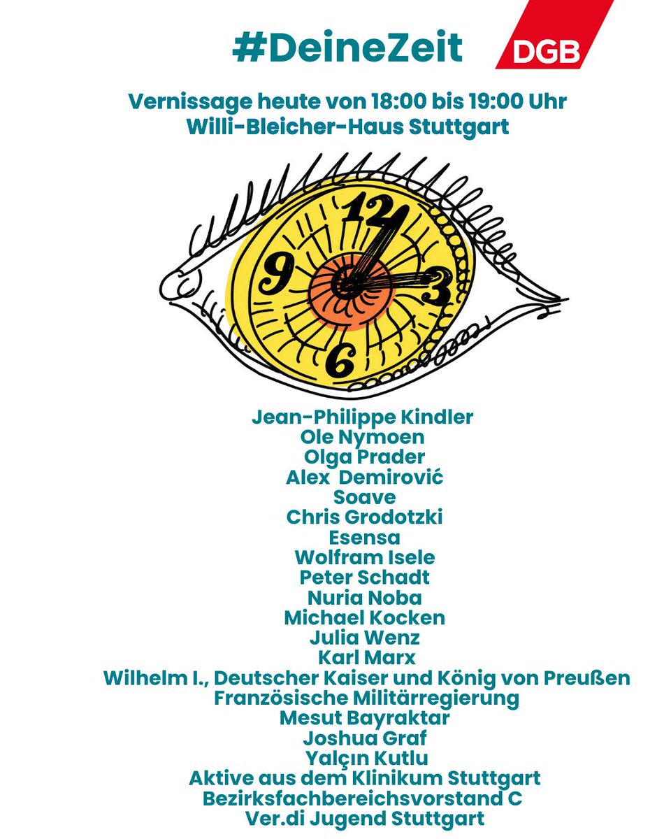 DgbRegion's tweet photo. Heute Abend ist von 18 bis 19:00 Uhr die Vernissage unserer neuen Ausstellung #DeineZeit. Mit Kunstwerken von @nymoen_ole, @peter_schadt und vielen anderen. Kommt vorbei, und schaut euch die Ausstellung im Stuttgarter Gewerkschaftshaus an! https://t.co/0x1cYD1VfB