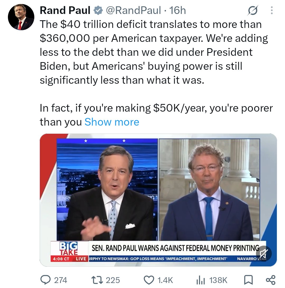 ElenaAmorej7b5's tweet photo. Rand Paul cont to attempt to pass on the buck to Americans, but No, Rand. We didn't take those loans out. You and your friends did. Sounds like you need to liquidate assets to repay. #debt #pennies #americans https://t.co/WZsc2Y81GQ