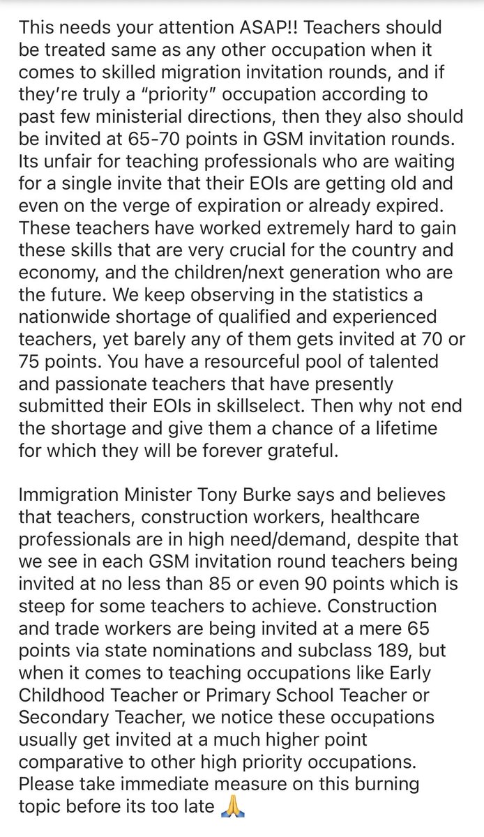 rohan_sharma232's tweet photo. #treatteachersthesameasothers
Pls dont ignore this. Teachers and nurses are a vital part of the community, yet they are currently being invited at 85 points or above

@SenatorWong @Tony_Burke @AlboMP @SBS @SBSPunjabi @newscomauhq @AustralianLabor @dfat @AnneAlyMP @JobsandSkillsAU https://t.co/E447yfl1QT