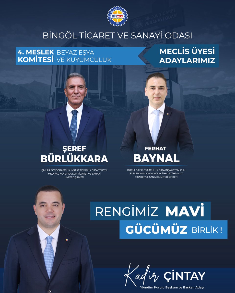 Kadir_Cintay12's tweet photo. Bingöl Ticaret ve Sanayi Odası organ seçimleri kapsamında, 4. Meslek Komitesi (Beyaz Eşya ve Kuyumculuk) meclis üyesi adaylarımızı tanıtıyorum.

Mavi Liste adaylarımız:

Şeref Bürlükkara — Işıklar Fotoğrafçılık İnşaat Temizlik Gıda Tekstil Medikal Kuyumculuk Ticaret ve Sanayi Limited Şirketi

Ferhat Baynal — Burulday Kuyumculuk Gıda İnşaat Temizlik Elektronik Hayvancılık İthalat İhracat Ticaret ve Sanayi Limited Şirketi

Sektör temsilcilerimizin görüşlerini ve beklentilerini ortak akılla değerlendireceğiz. 3 Ekim’de yapılacak seçimlerde desteğinizi bekliyorum.
#BİNTSO #RengimizMaviGücümüzBirlik