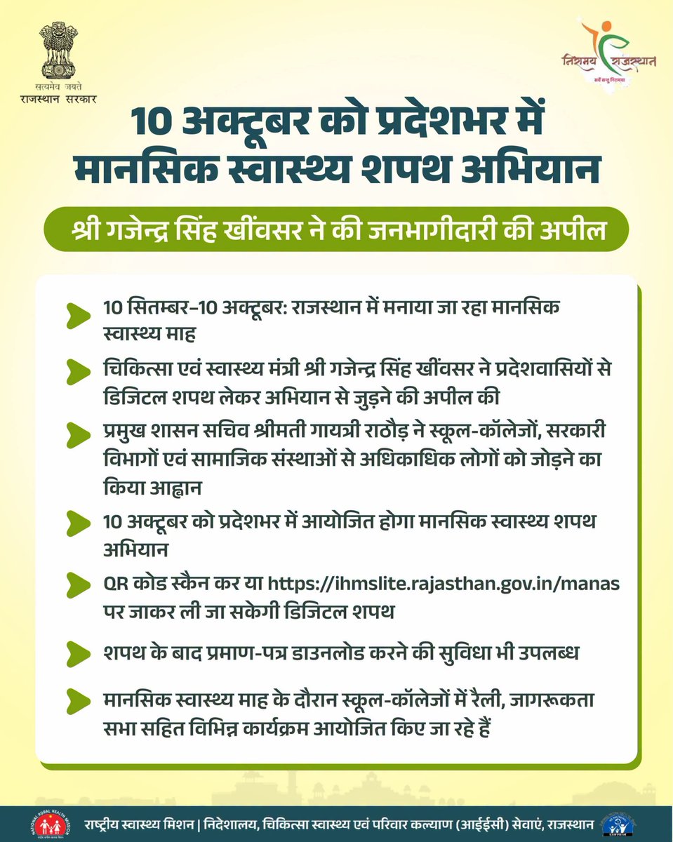 iecbharatpur's tweet photo. 10 अक्टूबर को प्रदेशभर में मानसिक स्वास्थ्य शपथ अभियान, चिकित्सा एवं स्वास्थ्य मंत्री श्री गजेन्द्र सिंह खींवसर ने की जनभागीदारी की अपील https://t.co/tz1q6yBw74