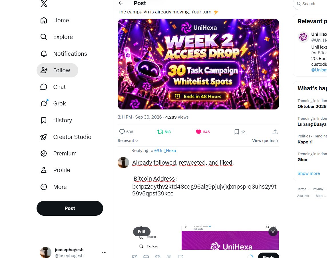 josephagesh's tweet photo. @Uni_Hexa Already followed, retweeted, and liked.  

 Bitcoin Address : 
bc1pz2qythv2ktd48cqg96alg9pjujvjxjxnpsprq3uhs2y9t99v5qpst39kce https://t.co/y2O6eZlcXr