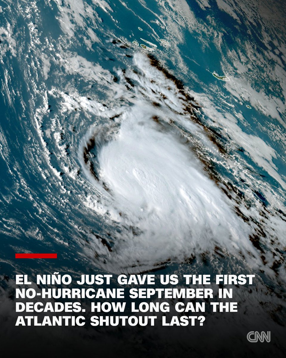 CNN's tweet photo. The Atlantic Ocean has failed to produce a hurricane in the month of September for the first time in more than 30 years, the latest feat by a super El Niño widely predicted to become the strongest ever. https://t.co/Md06e8dOal https://t.co/FPIVChnI4H