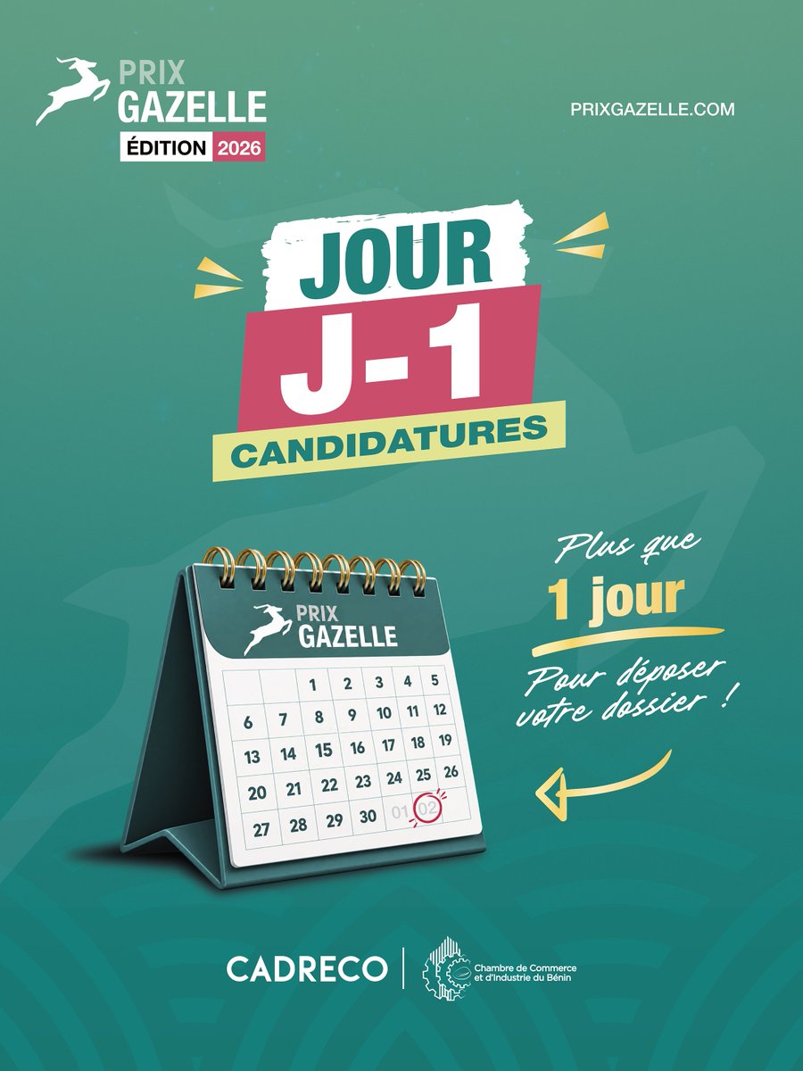 PrixGazelle's tweet photo. ⏰ DERNIER JOUR POUR CANDIDATER AU PRIX GAZELLE 2026

Dans 24 heures, les candidatures au Prix Gazelle 2026 seront closes.

Votre entreprise affiche une croissance durable sur trois exercices comptables ? Vous avez construit une trajectoire qui crée de la valeur et contribue au dynamisme du secteur privé béninois ?

Il ne reste plus qu’une étape : Faire connaître votre parcours.

Ne laissez pas cette échéance passer sans donner à votre croissance l’occasion d’être reconnue.

24 heures pour donner un nouveau ton à votre trajectoire.

Candidatez dès maintenant : https://t.co/AvgKjIY9gV

@ccibenin | @CADRECOMEDIA 

👉 Suivez-nous pour ne rien manquer de l’actualité de la 2ème édition du Prix Gazelle !