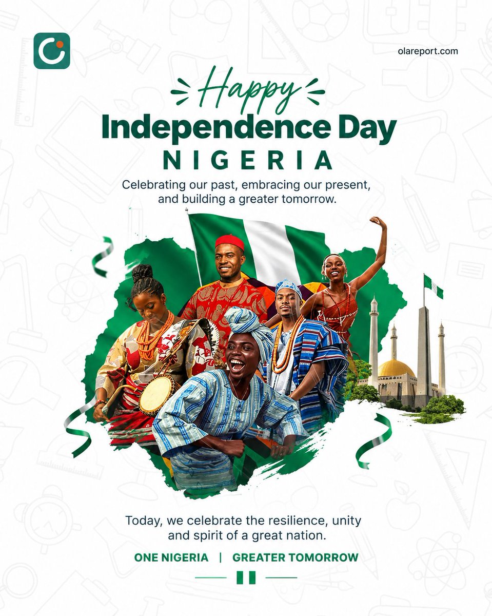 olareport's tweet photo. 🇳🇬 Happy Independence Day, Nigeria!

Today, we celebrate the rich history, diverse cultures, resilience and unwavering spirit.

From our past to our present, we continue to shape the future together. Here’s to a stronger, united and greater Nigeria. 💚🤍💚

Happy Independence Day https://t.co/yVQpSxrUyi