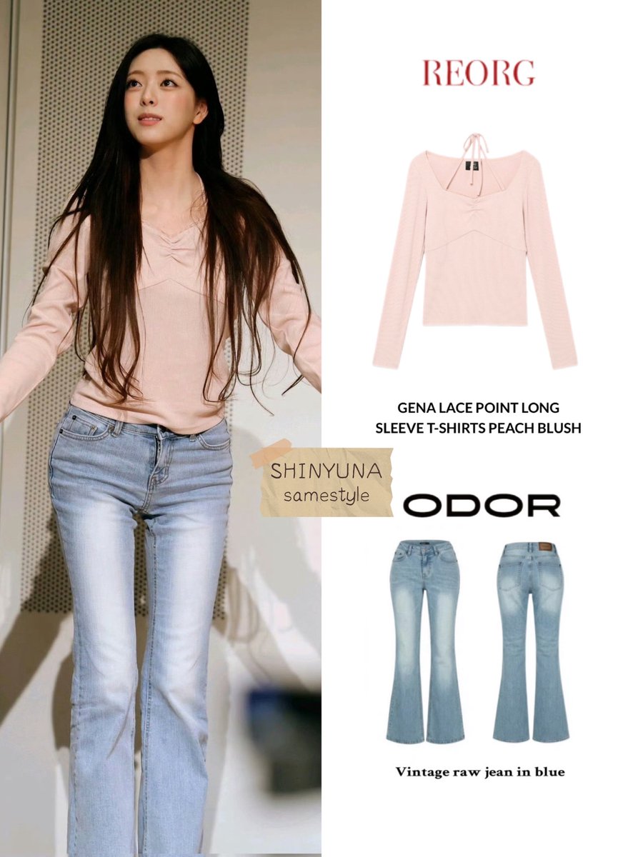 Yunasamestyle's tweet photo. 📆【260613 】
MS Tokyo Offline Signing Event 2.0

🏷️：REORG
👚：GENA LACE POINT LONG SLEEVE T-SHIRTS PEACH BLUSH

🏷️：ODOR
👖：Vintage raw jean in blue 

#YUNA #유나
 #ITZY_YUNA #yunastyle https://t.co/KuGpdKADd9
